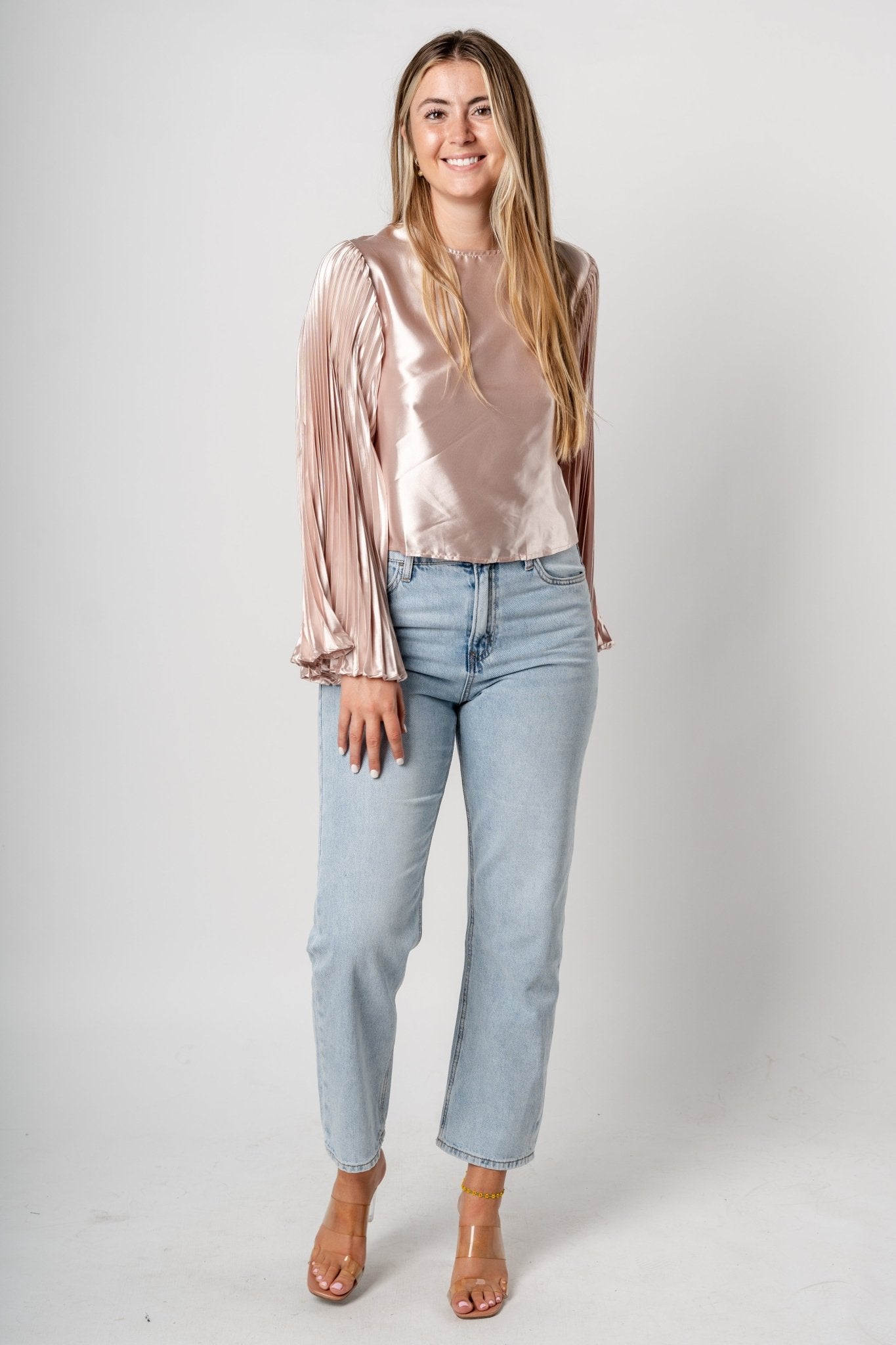 Pleated satin long sleeve top champagne