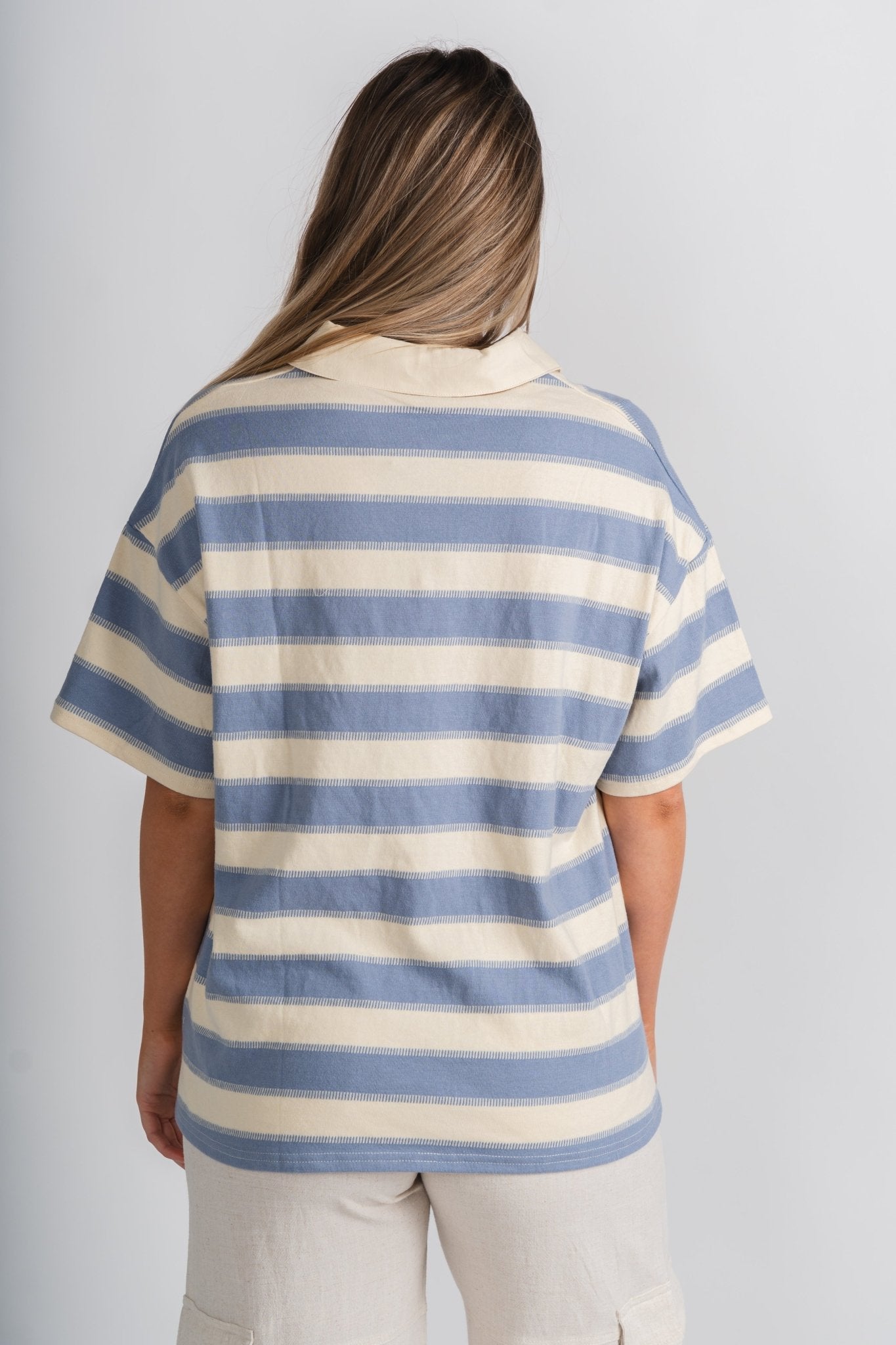 Striped short sleeve polo top cream/light blue