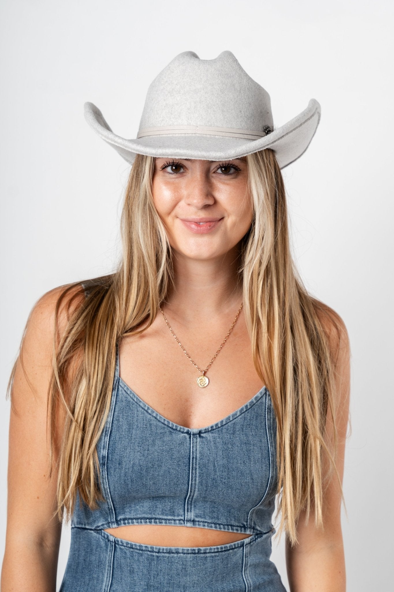 October feather wide brim hat grey - Trendy Hats at Lush Fashion Lounge Boutique in Oklahoma City