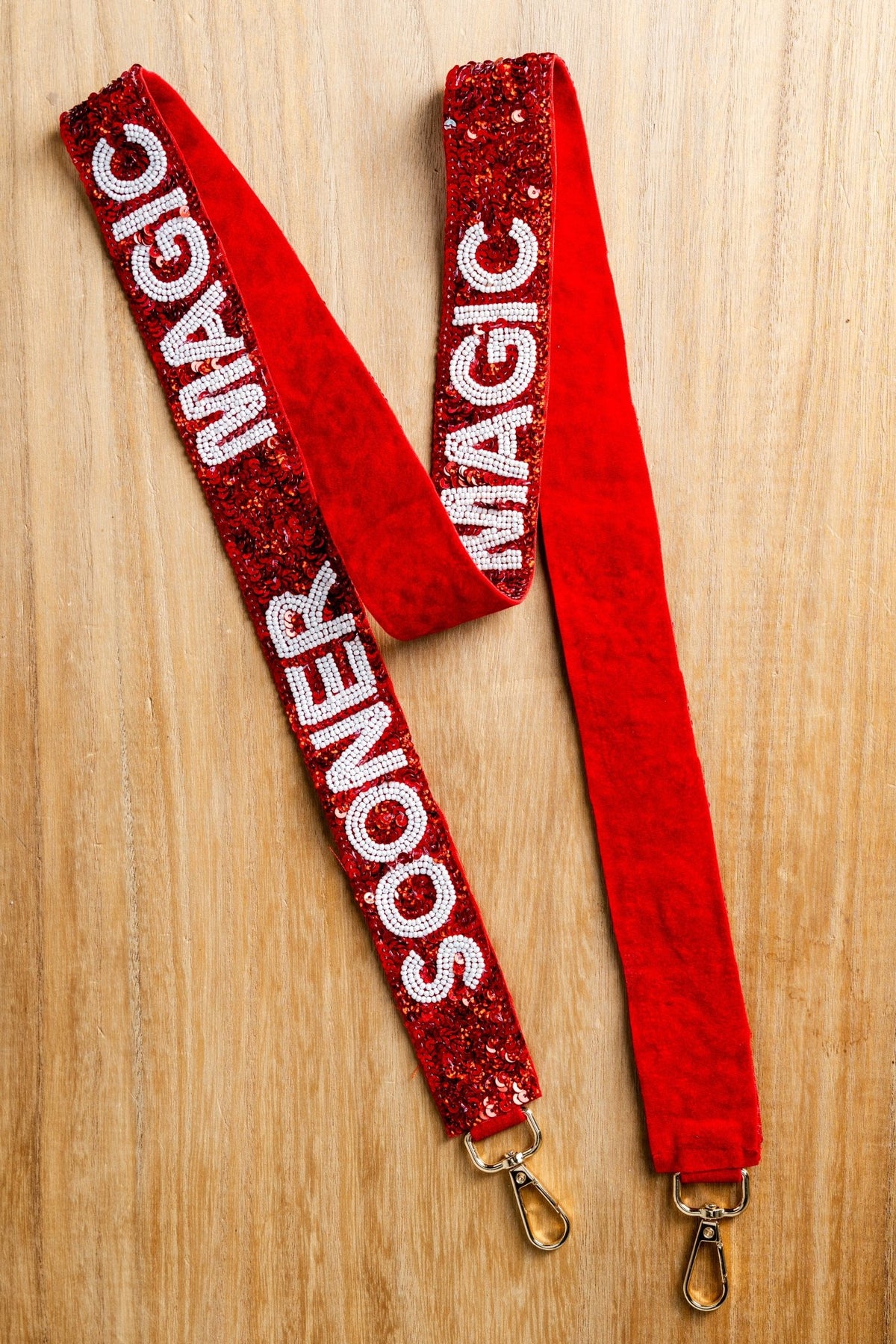 OU Boomer Sooner sequin beaded guitar strap crimson - Trendy Bags at Lush Fashion Lounge Boutique in Oklahoma City