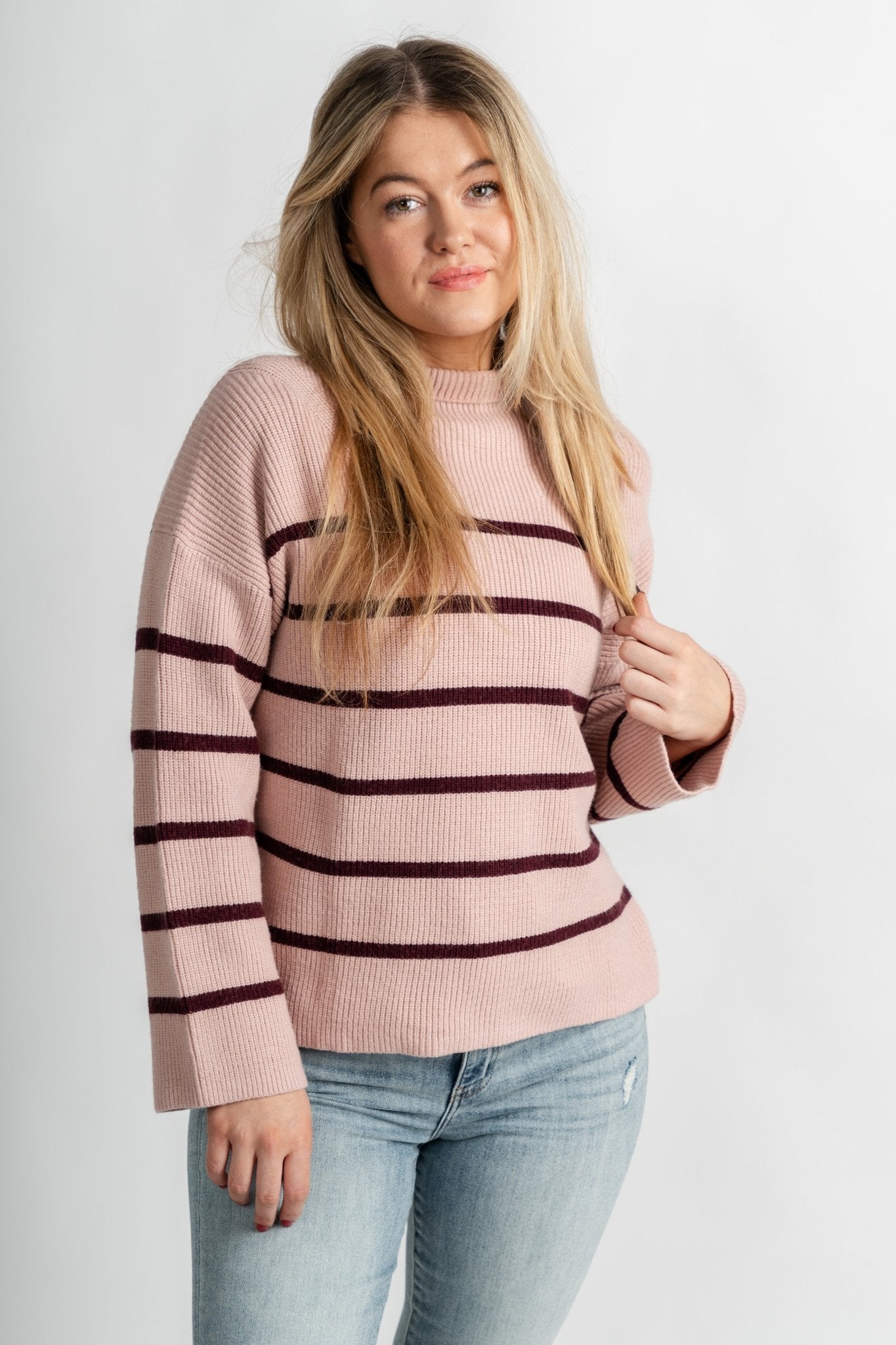 Veronis oversized striped sweater blush – Boutique Sweaters | Fashionable Sweaters at Lush Fashion Lounge Boutique in Oklahoma City
