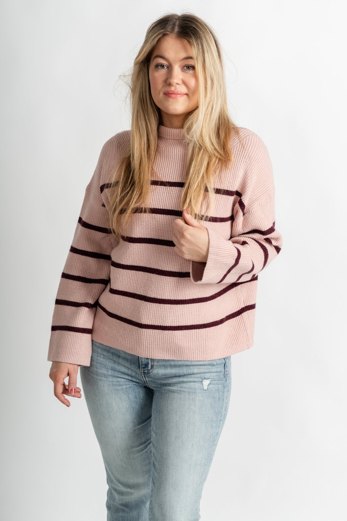Veronis oversized striped sweater blush – Stylish Sweaters | Boutique Sweaters at Lush Fashion Lounge Boutique in Oklahoma City