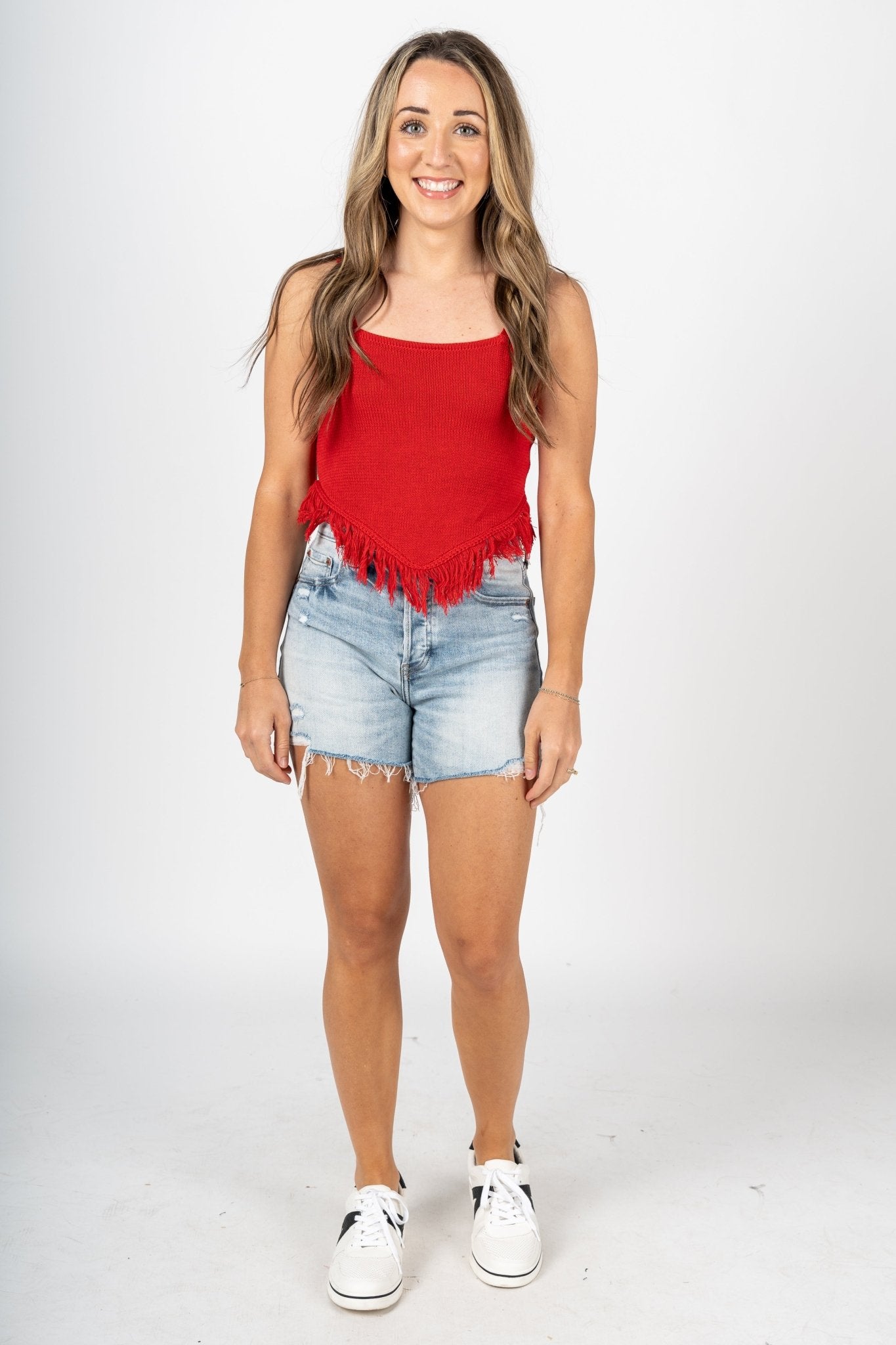 Fringe knit tank top red - Trendy tank top - Fashion Tank Tops at Lush Fashion Lounge Boutique in Oklahoma City