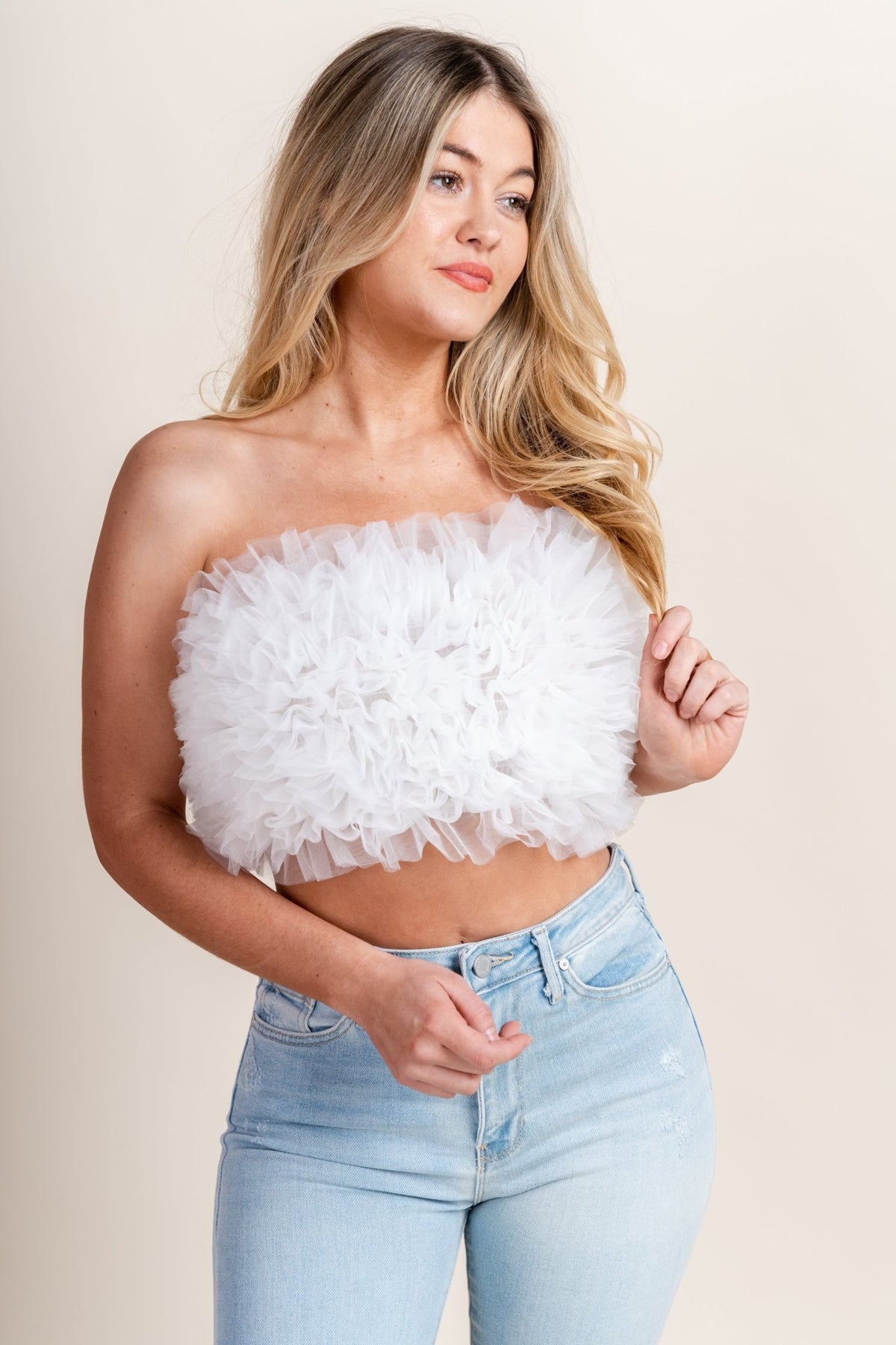 Strapless tulle top off white - Stylish Top -  Cute Bridal Collection at Lush Fashion Lounge Boutique in Oklahoma City