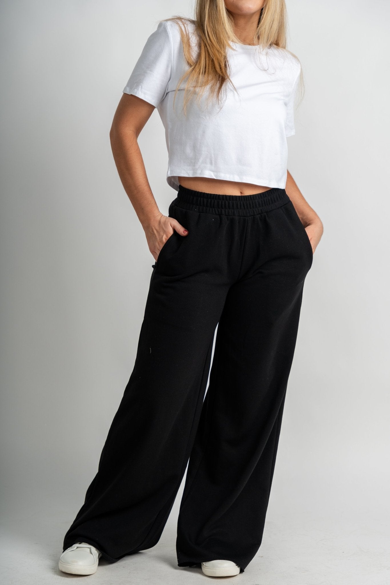 Vanessa wide leg lounge pant black - Cute Pants - Fun Cozy Basics at Lush Fashion Lounge Boutique in Oklahoma City