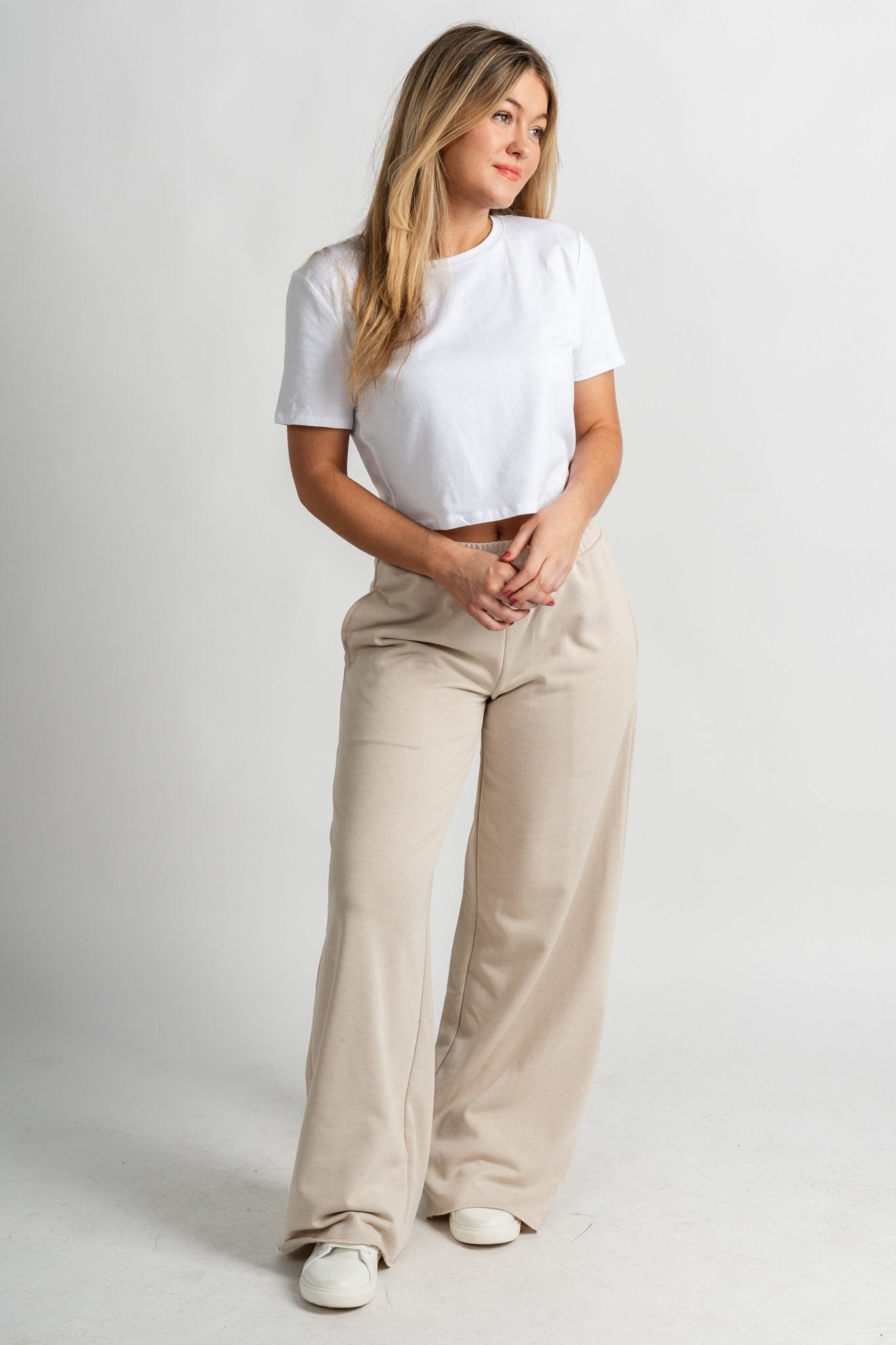 Vanessa wide leg lounge pant beige - Adorable Pants - Stylish Comfortable Outfits at Lush Fashion Lounge Boutique in OKC