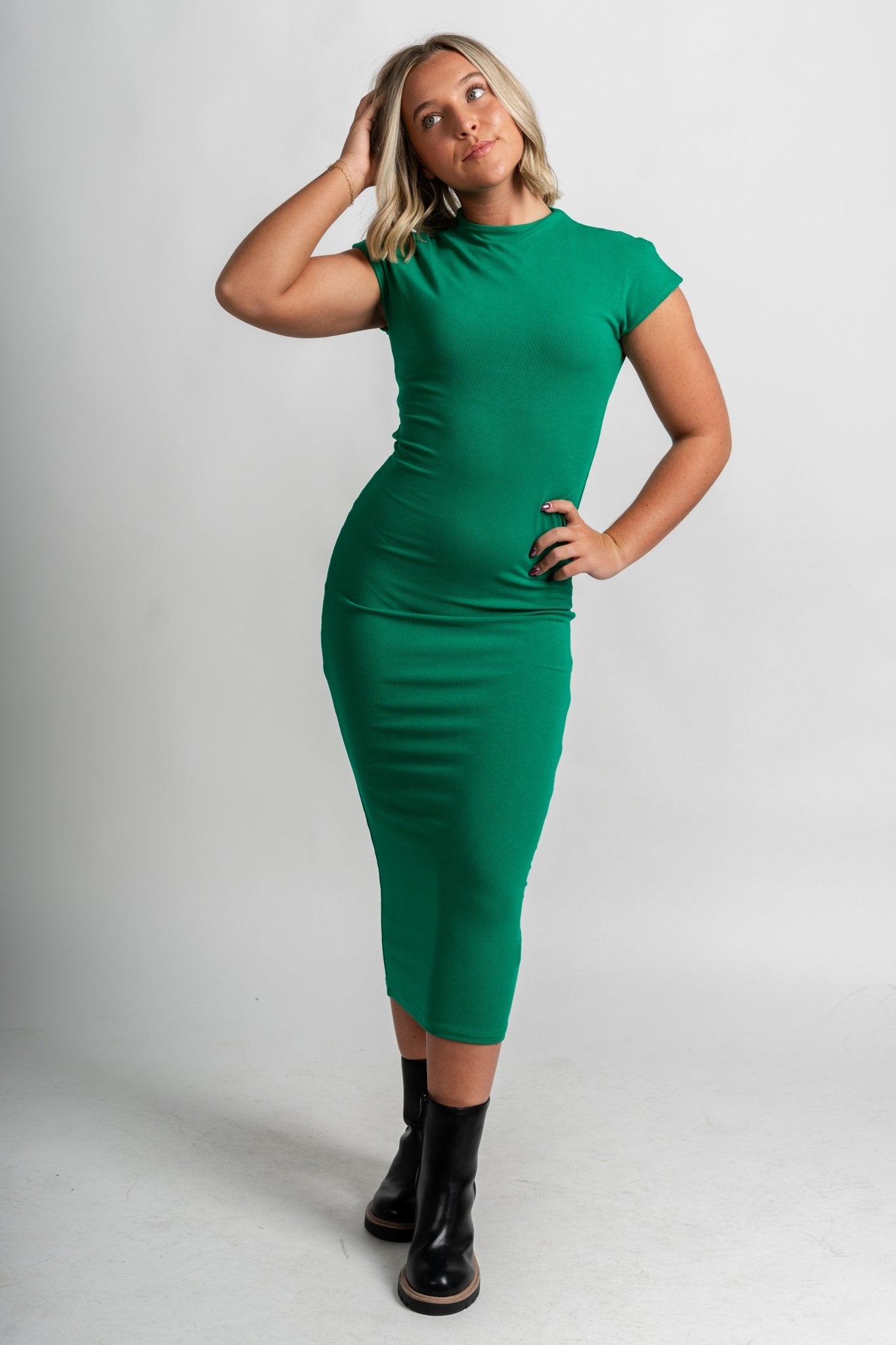 Ribbed midi dress green - Affordable Dress - Boutique Dresses at Lush Fashion Lounge Boutique in Oklahoma City