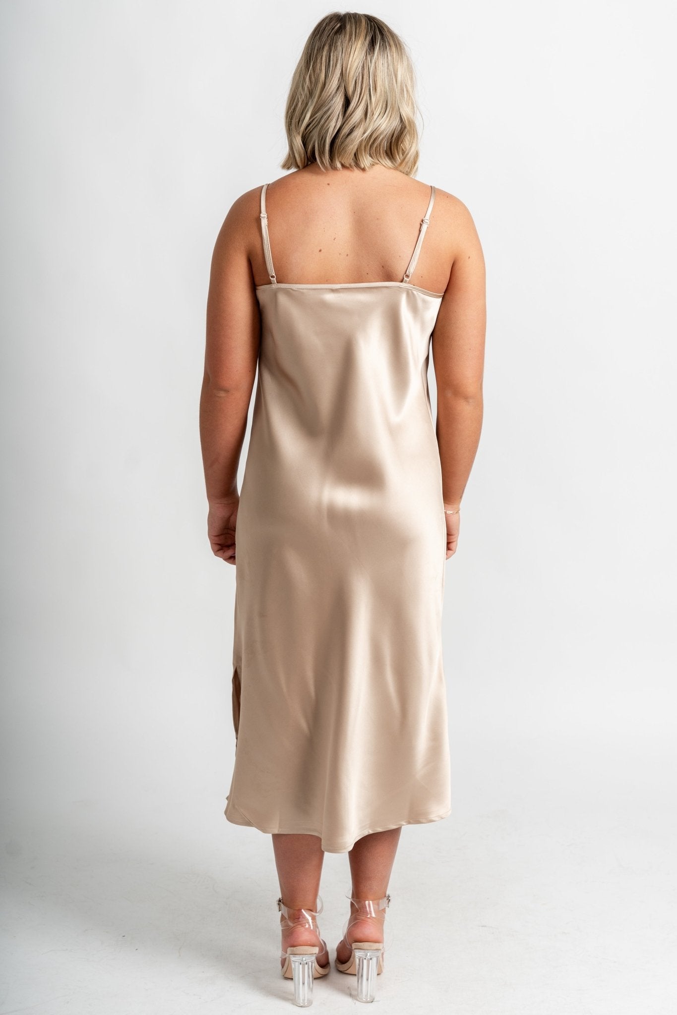 Satin slip midi dress taupe - Affordable dress - Boutique Dresses at Lush Fashion Lounge Boutique in Oklahoma City