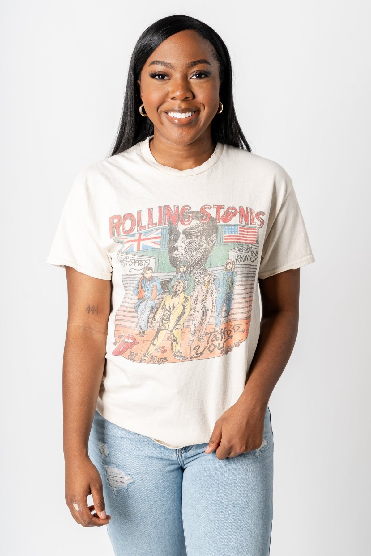 Rolling Stones tattoo you thrifted tee off white - Trendy Band T-Shirts and Sweatshirts at Lush Fashion Lounge Boutique in Oklahoma City
