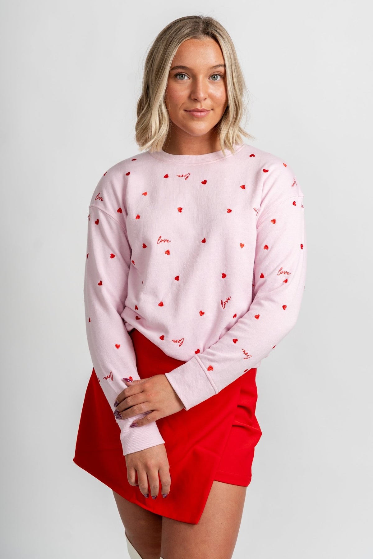 Love hearts sweatshirt blush - Trendy T-Shirts for Valentine's Day at Lush Fashion Lounge Boutique in Oklahoma City
