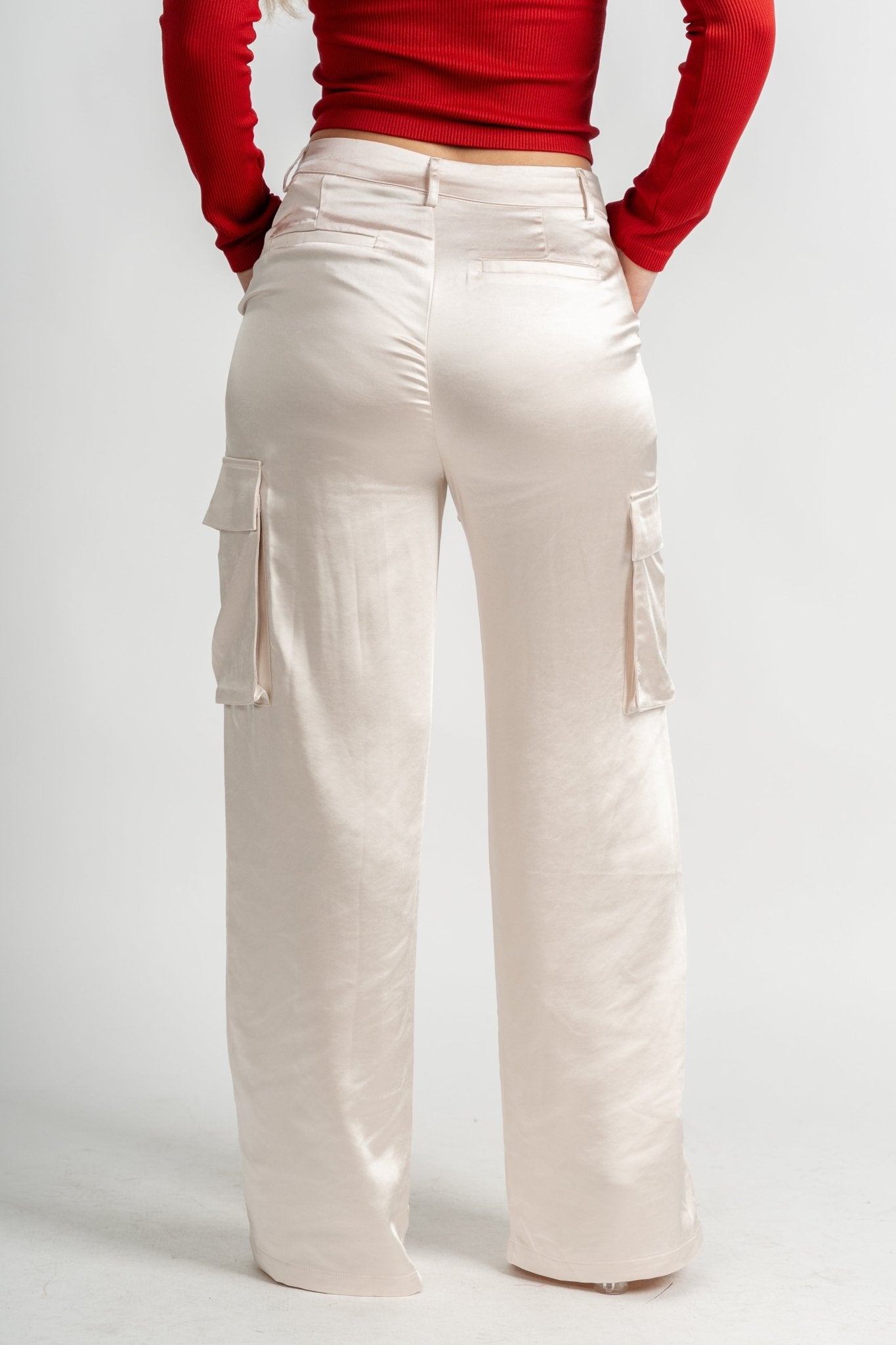 Myra satin cargo pants pearl | Lush Fashion Lounge: women's boutique pants, boutique women's pants, affordable boutique pants, women's fashion pants