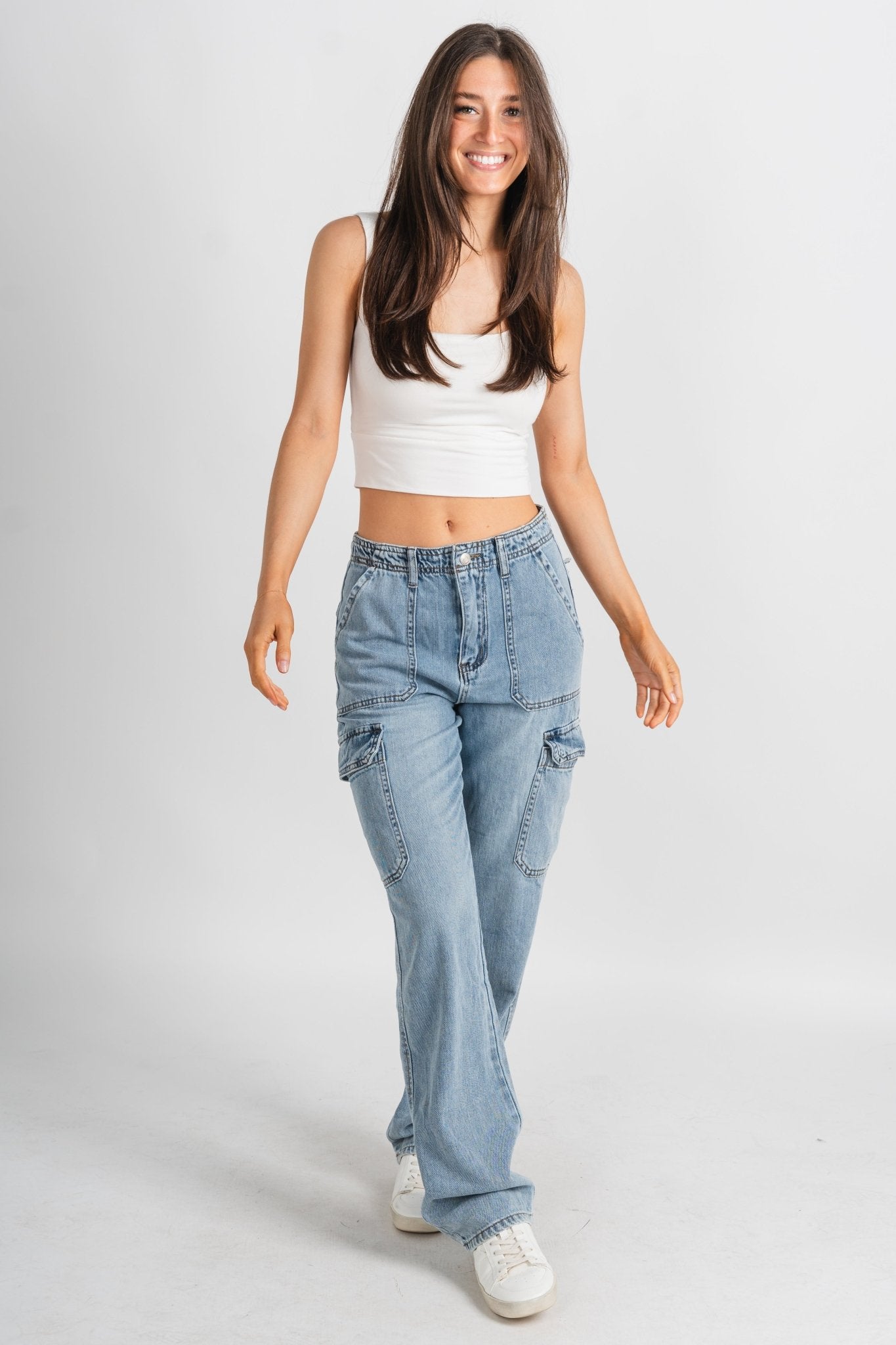 Utility cargo jeans medium denim | Lush Fashion Lounge: boutique women's jeans, fashion jeans for women, affordable fashion jeans, cute boutique jeans