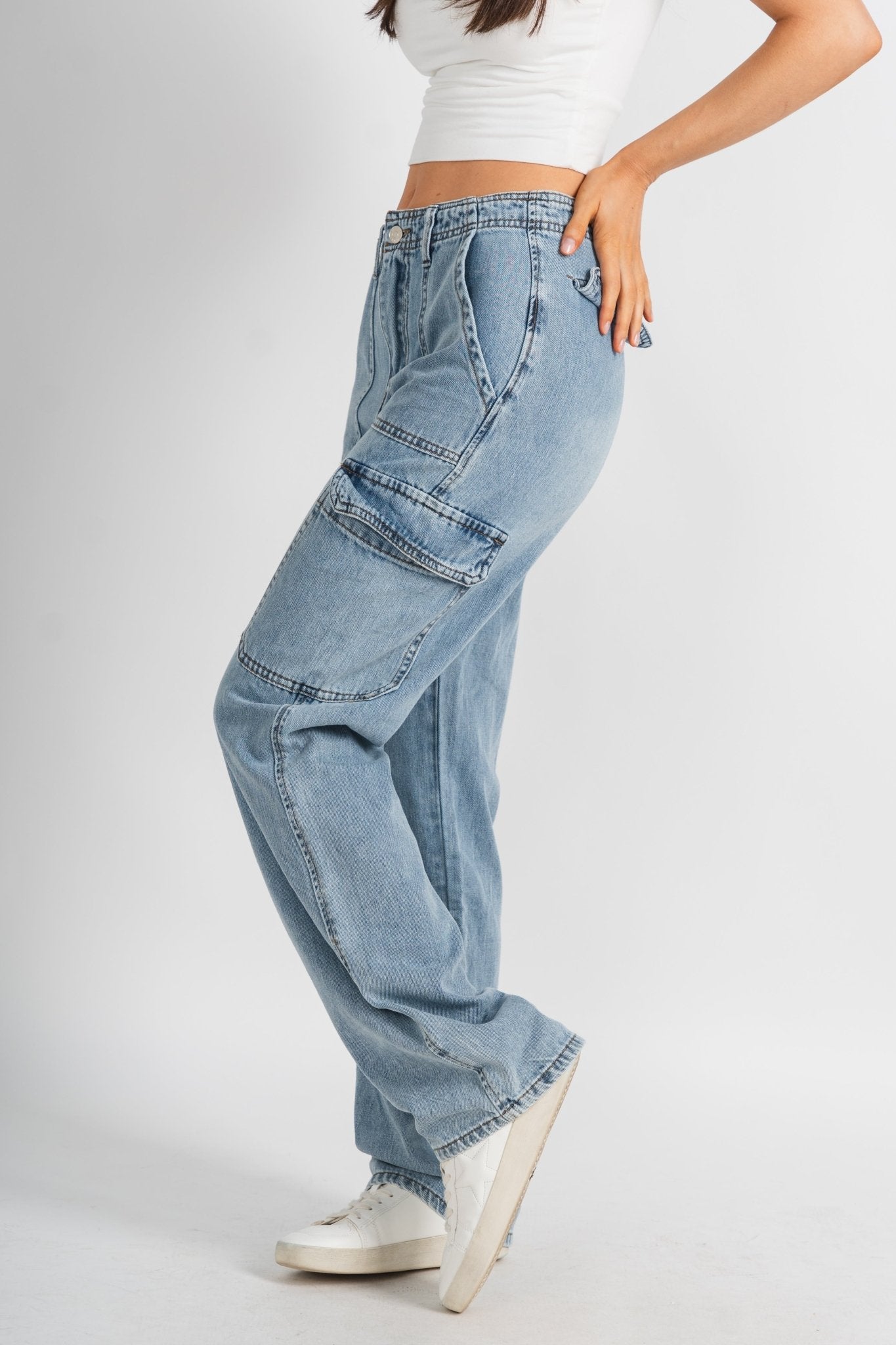 Utility cargo jeans medium denim | Lush Fashion Lounge: boutique women's jeans, fashion jeans for women, affordable fashion jeans, cute boutique jeans