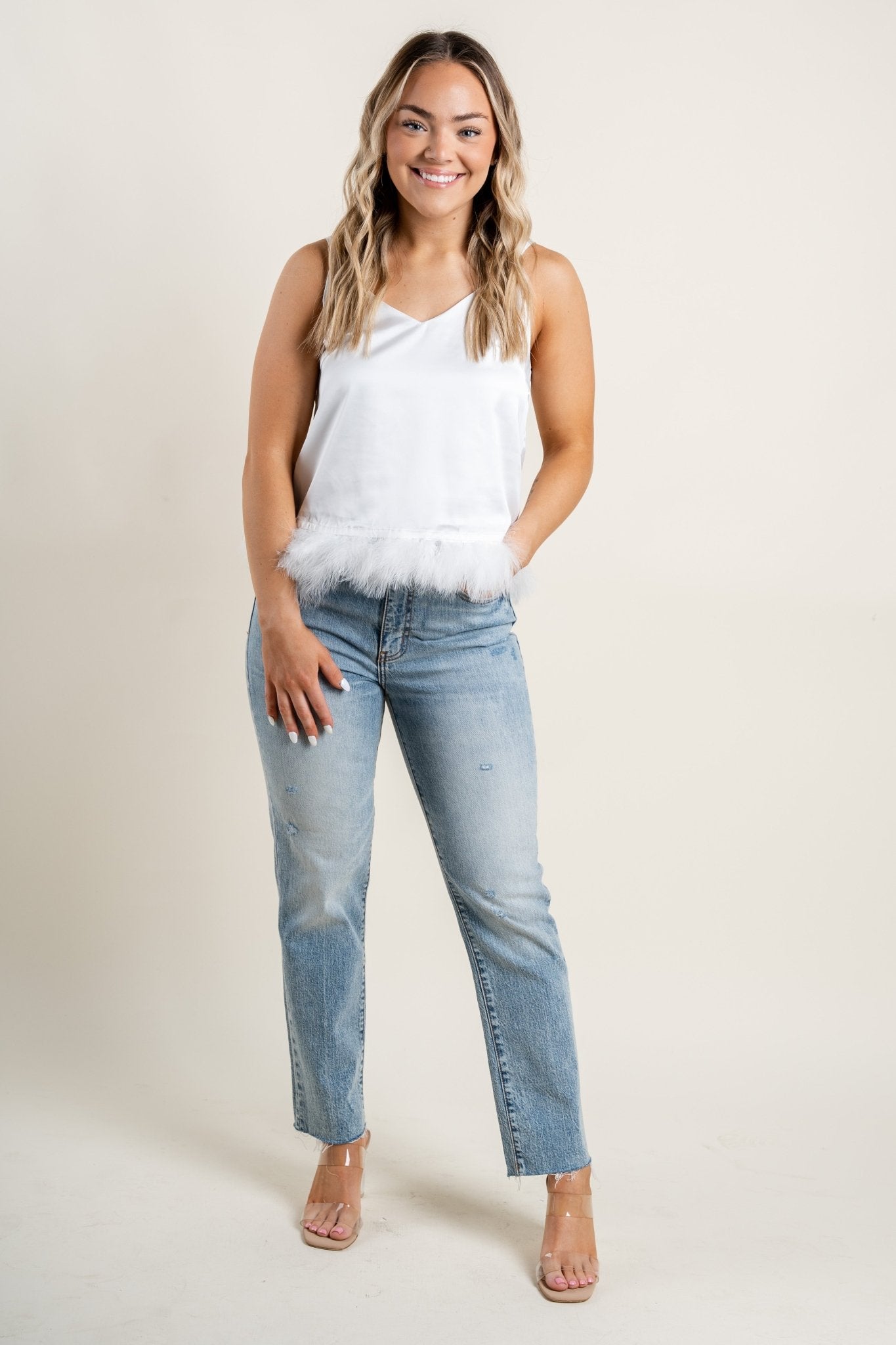 Feather trim cami tank top ivory - Cute Tank Top - Trendy Bride and Bridesmaid Fashion at Lush Fashion Lounge Boutique in Oklahoma