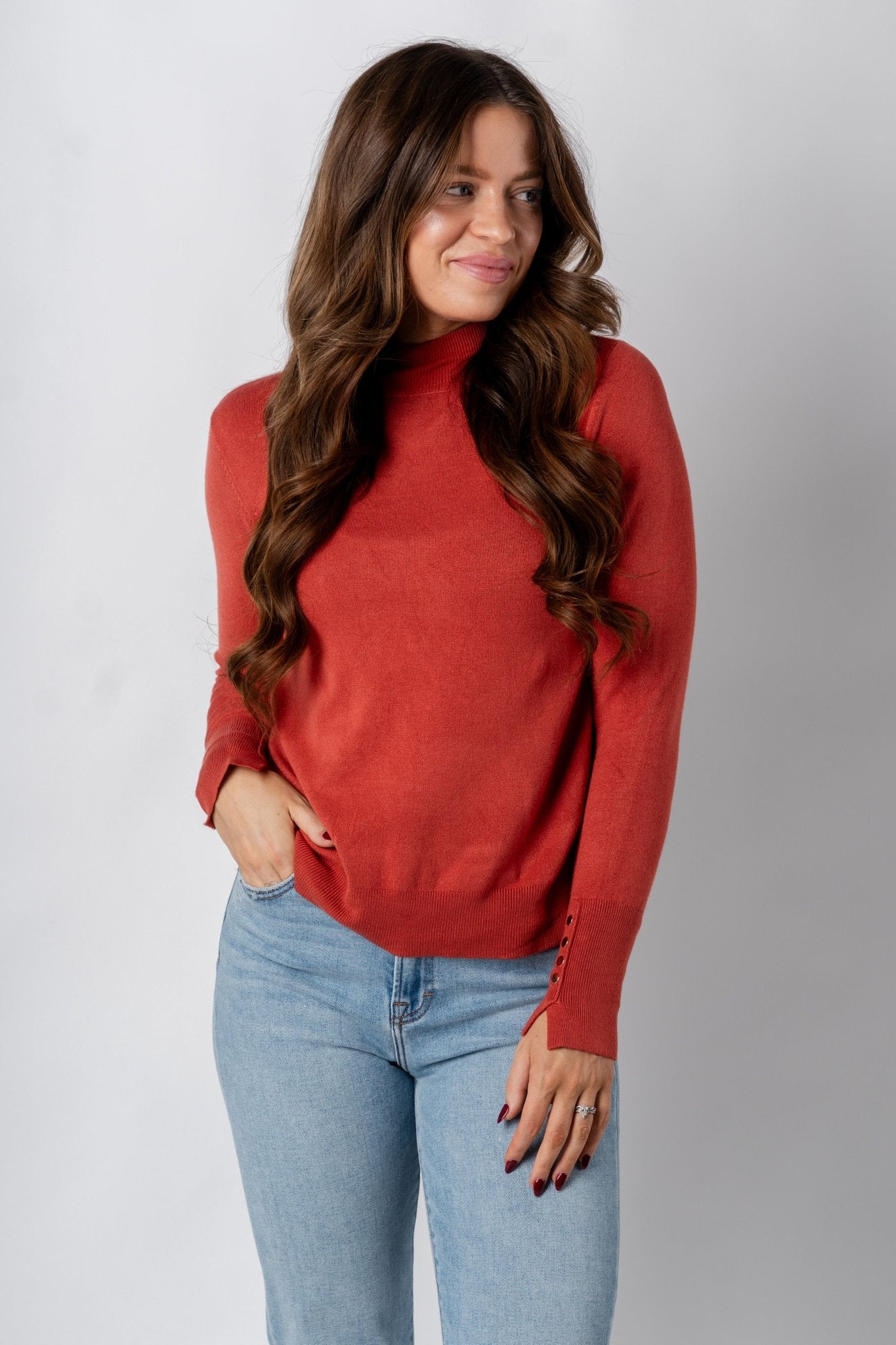 Mock neck long sleeve sweater rust – Stylish Sweaters | Boutique Sweaters at Lush Fashion Lounge Boutique in Oklahoma City