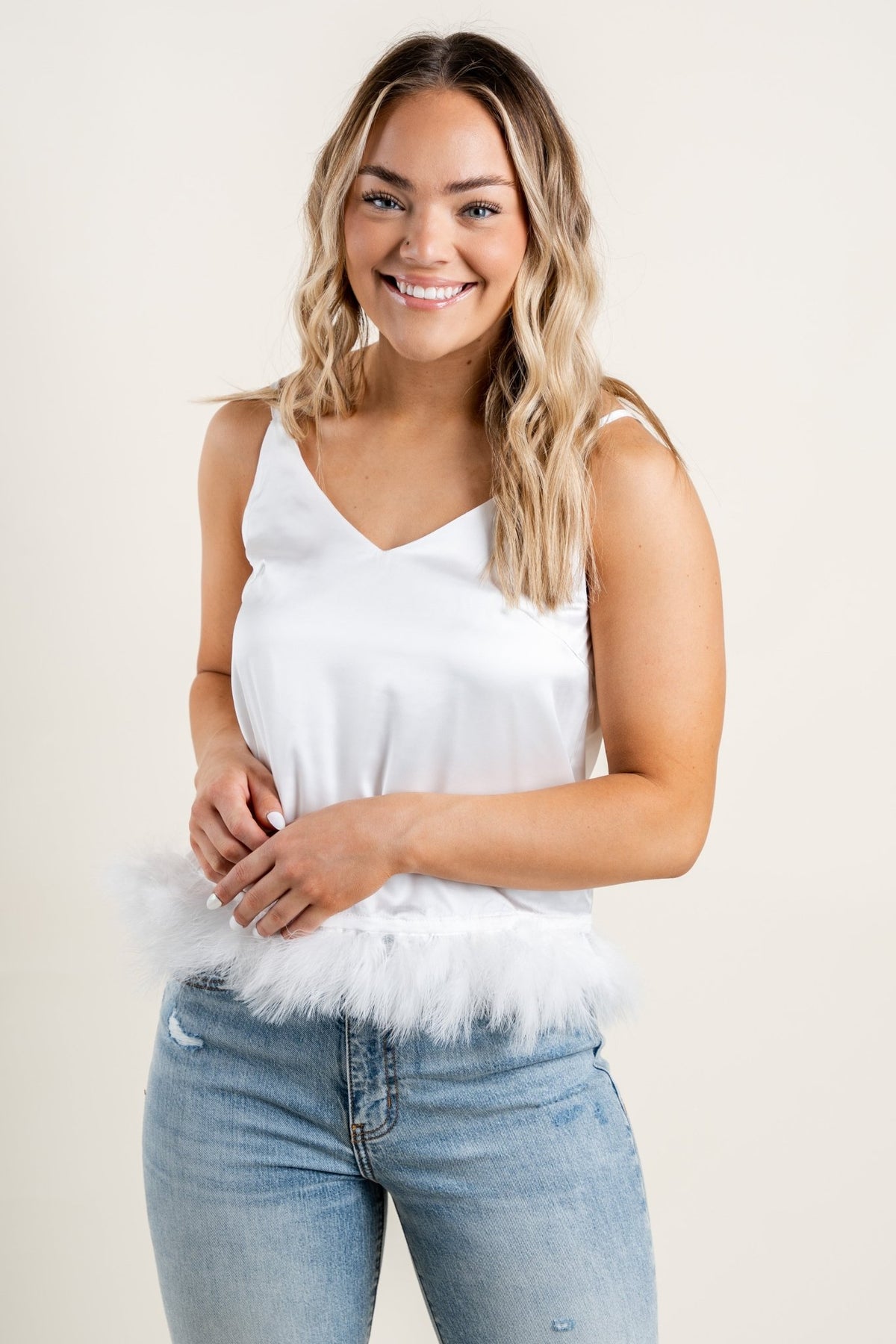 Feather trim cami tank top ivory - Stylish Tank Top -  Cute Bridal Collection at Lush Fashion Lounge Boutique in Oklahoma City