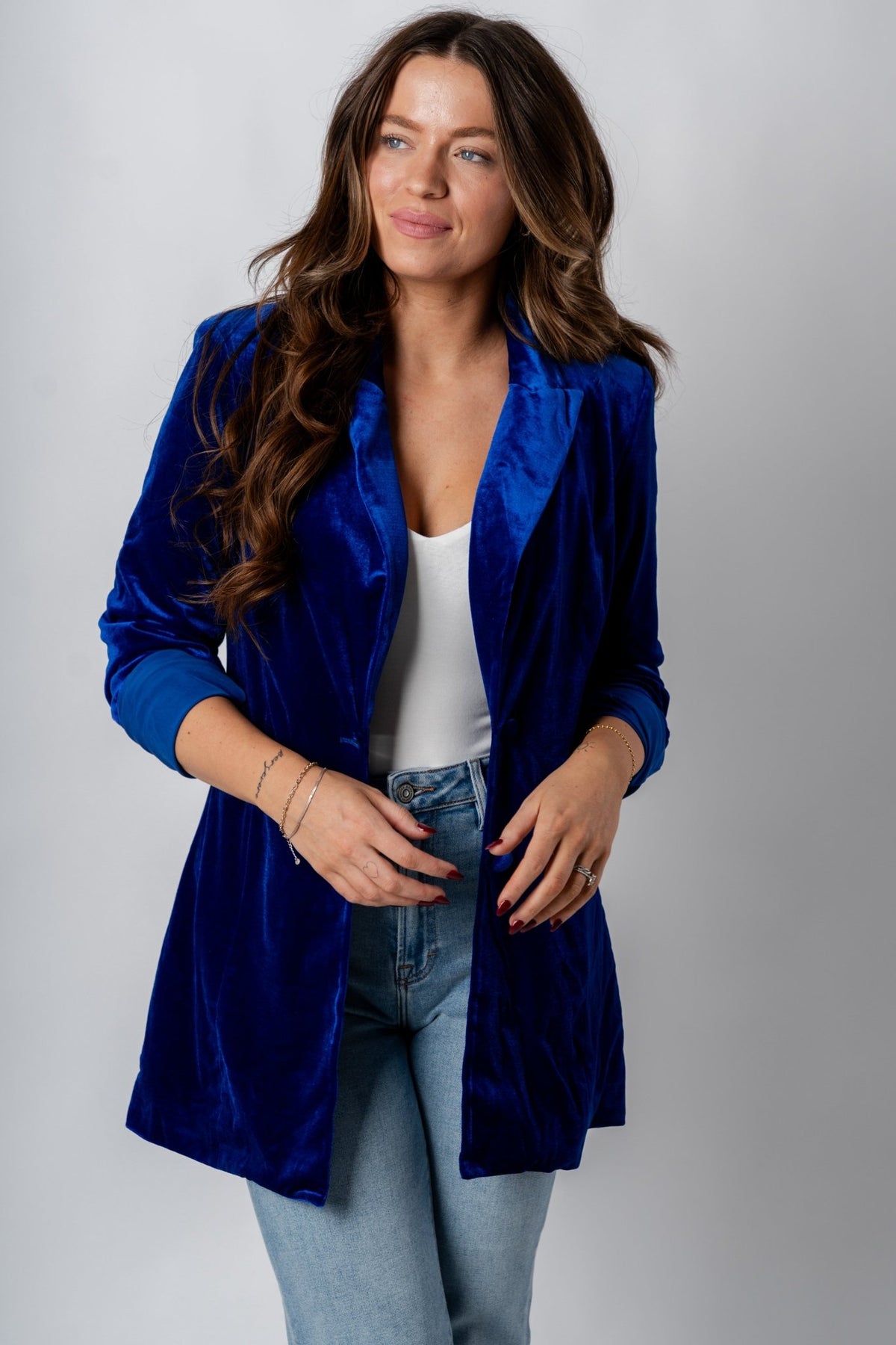 Velvet blazer royal – Trendy Jackets | Cute Fashion Blazers at Lush Fashion Lounge Boutique in Oklahoma City
