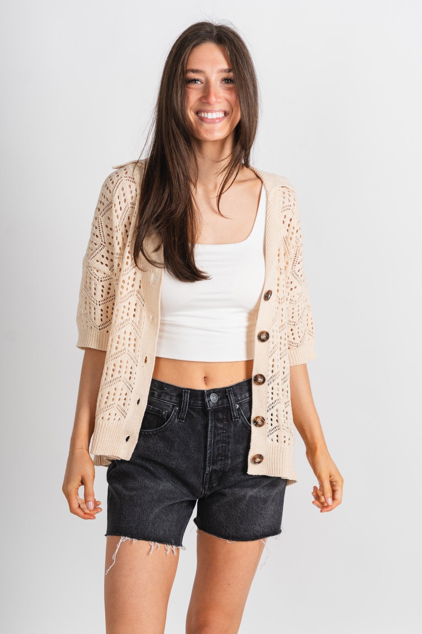 Crochet button up top cream - Cute Top - Fun Vacay Basics at Lush Fashion Lounge Boutique in Oklahoma City