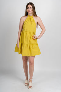 Halter neck tiered dress chartreuse Stylish Dress - Womens Fashion Dresses at Lush Fashion Lounge Boutique in Oklahoma City