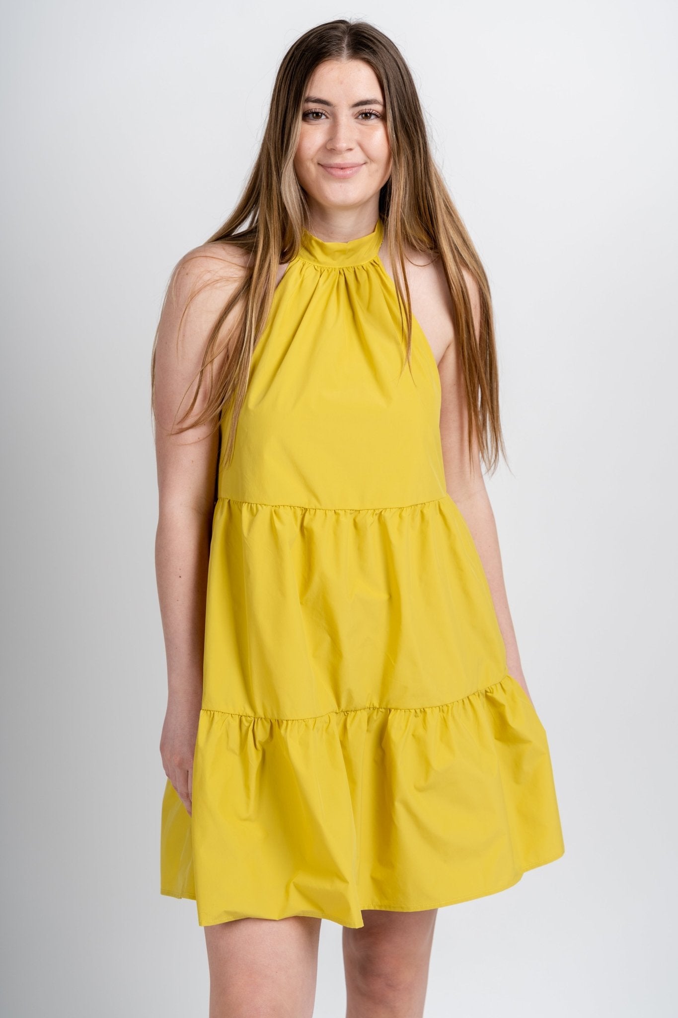Halter neck tiered dress chartreuse - Affordable Dress - Boutique Dresses at Lush Fashion Lounge Boutique in Oklahoma City