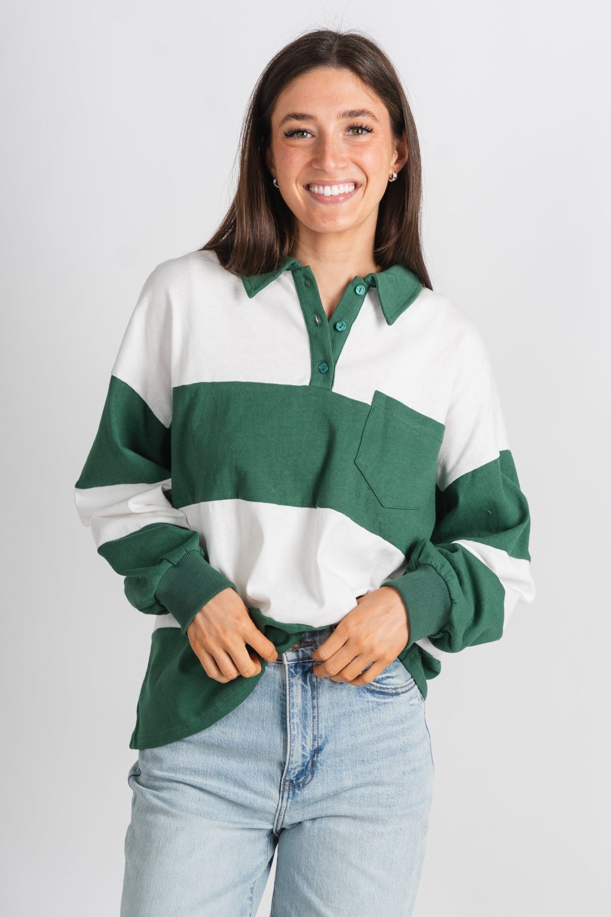 Striped collared polo top green/white - Trendy T-Shirts for St. Patrick's Day at Lush Fashion Lounge Boutique in Oklahoma City