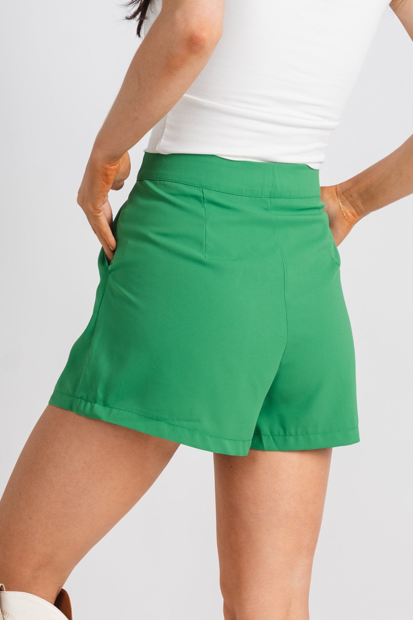 Pleat detail shorts green Stylish Shorts - Womens Fashion Shorts at Lush Fashion Lounge Boutique in Oklahoma City
