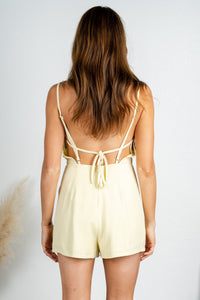 Cowl neck tie back romper light yellow Stylish Romper - Womens Fashion Rompers & Pantsuits at Lush Fashion Lounge Boutique in Oklahoma City