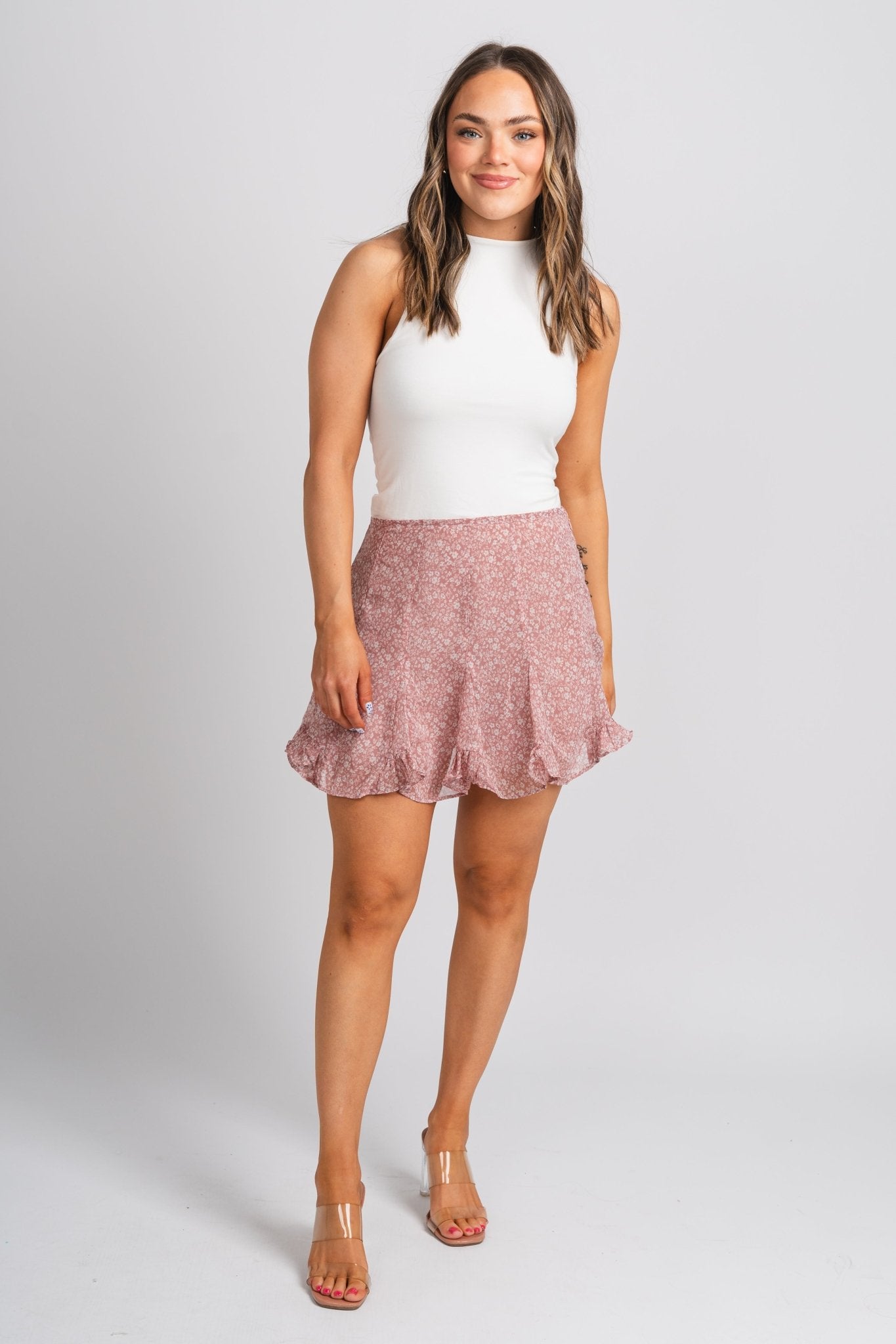 Floral ruffle skirt mauve/cream - Cute Skirt - Trendy Easter Clothing Line at Lush Fashion Lounge Boutique in Oklahoma