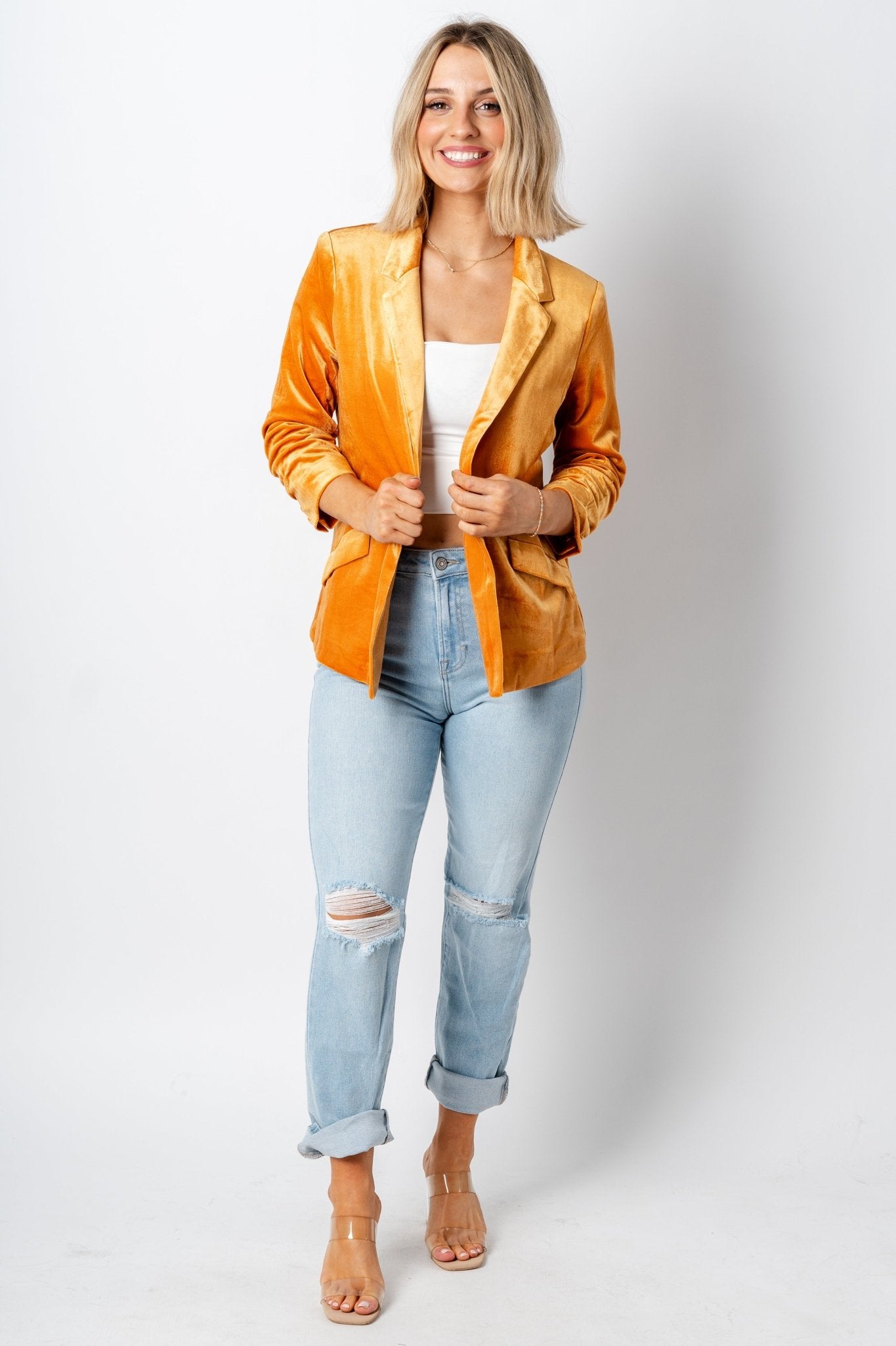 Velvet button blazer golden mustard – Fashionable Jackets | Trendy Blazers at Lush Fashion Lounge Boutique in Oklahoma City