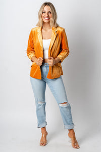 Velvet button blazer golden mustard – Unique Blazers | Cute Blazers For Women at Lush Fashion Lounge Boutique in Oklahoma City