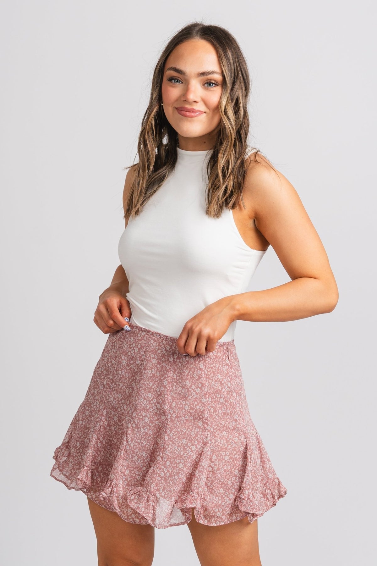 Floral ruffle skirt mauve/cream - Stylish Skirt - Cute Easter Outfits at Lush Fashion Lounge Boutique in Oklahoma