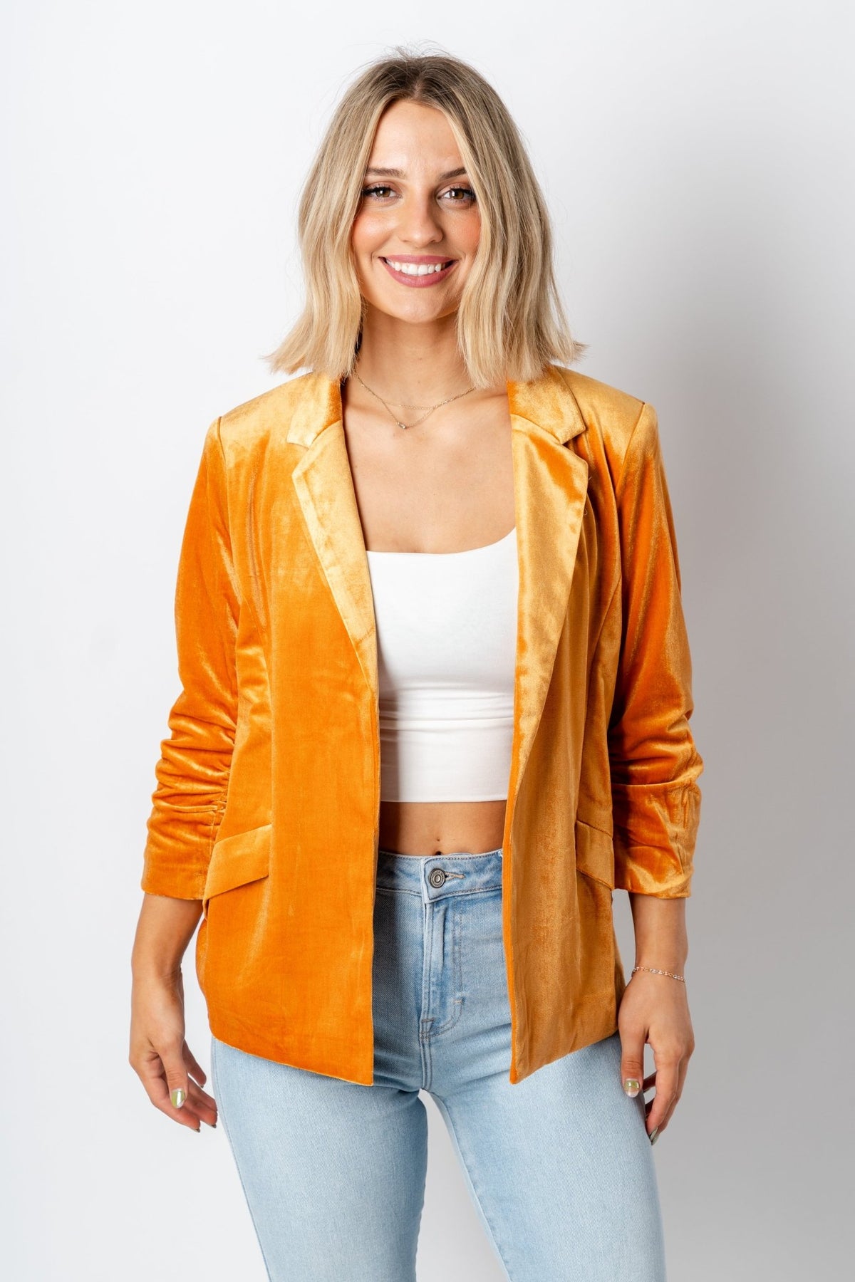 Velvet button blazer golden mustard – Trendy Jackets | Cute Fashion Blazers at Lush Fashion Lounge Boutique in Oklahoma City