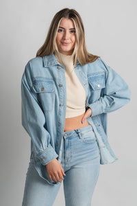 Denim shirt jacket light denim – Affordable Blazers | Cute Black Jackets at Lush Fashion Lounge Boutique in Oklahoma City