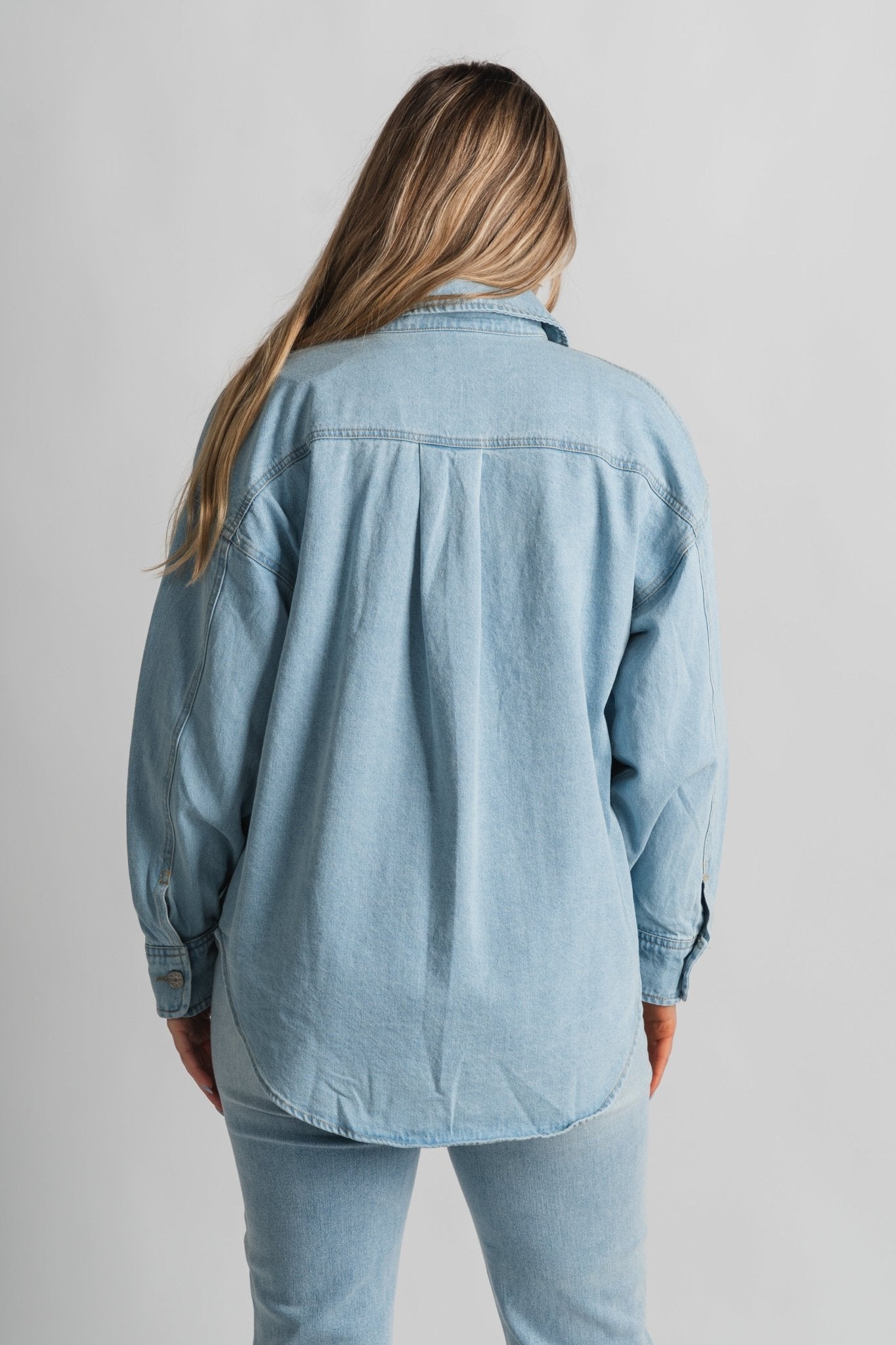 Denim shirt jacket light denim – Unique Blazers | Cute Blazers For Women at Lush Fashion Lounge Boutique in Oklahoma City