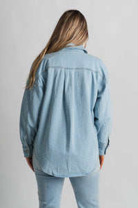 Denim shirt jacket light denim – Unique Blazers | Cute Blazers For Women at Lush Fashion Lounge Boutique in Oklahoma City