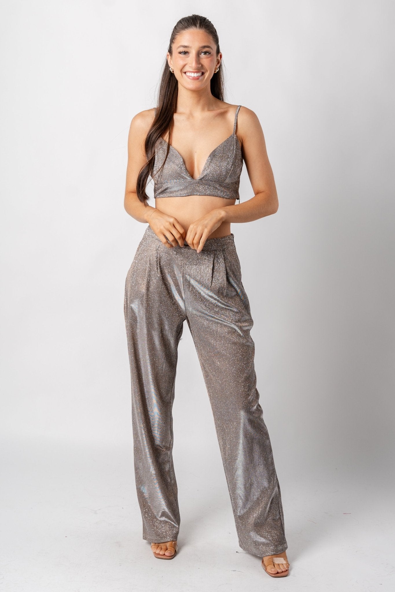 Glitter bralette top tan/silver - Trendy New Year's Eve Dresses, Skirts, Kimonos and Sequins at Lush Fashion Lounge Boutique in Oklahoma City