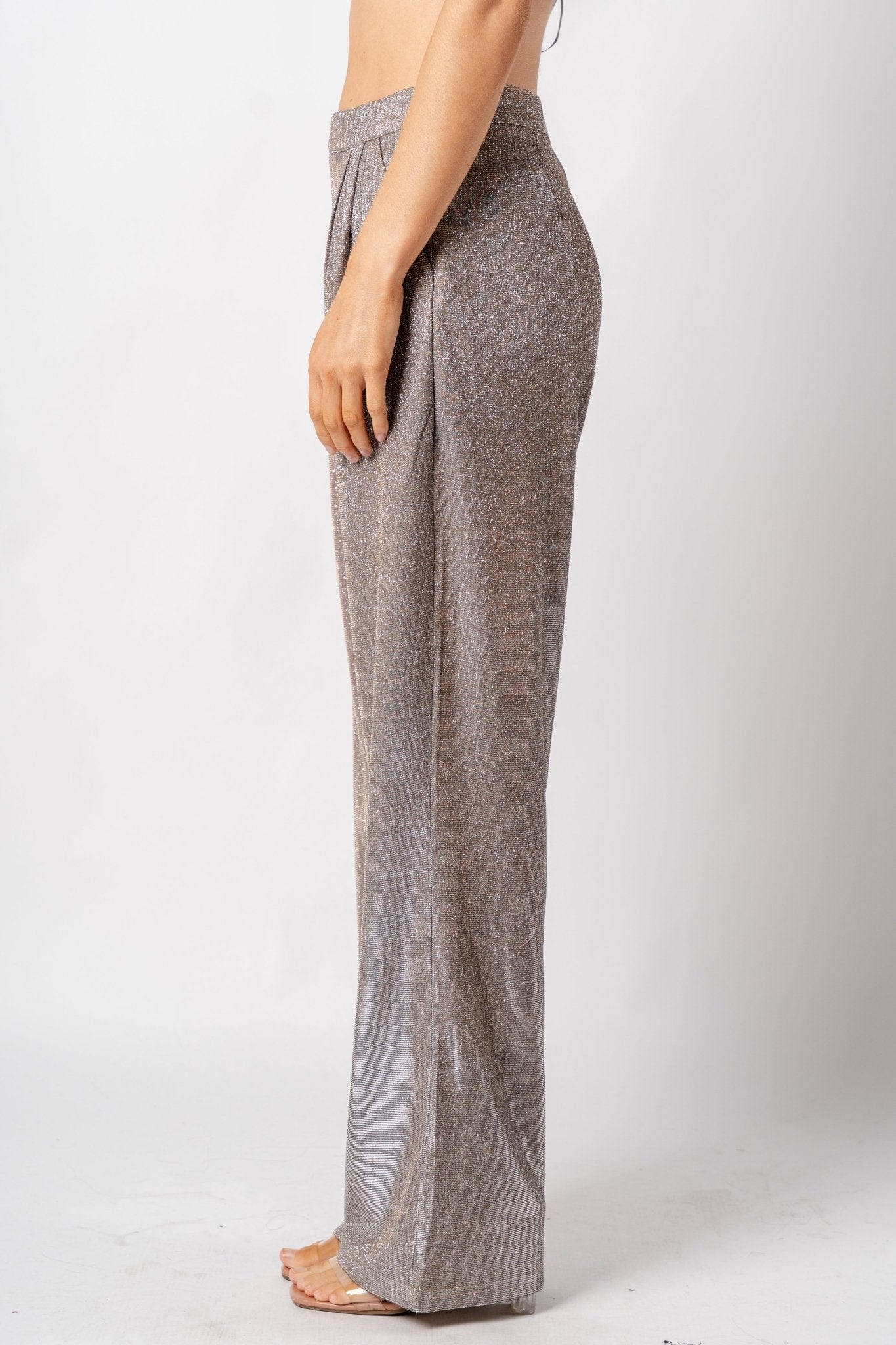 High waist glitter wide leg pants tan/silver - Trendy New Year's Eve Dresses, Skirts, Kimonos and Sequins at Lush Fashion Lounge Boutique in Oklahoma City