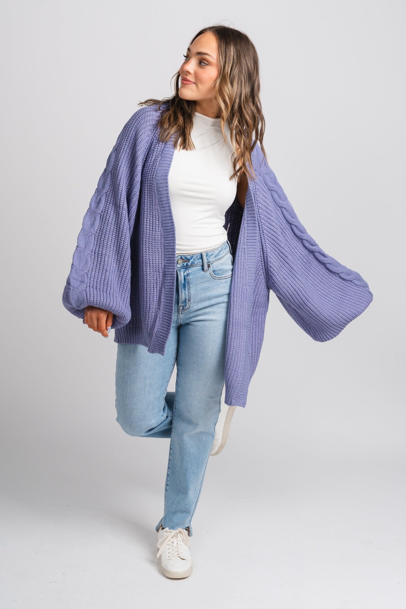 Cable knit cardigan periwinkle - Cute Cardigan - Trendy Easter Clothing Line at Lush Fashion Lounge Boutique in Oklahoma