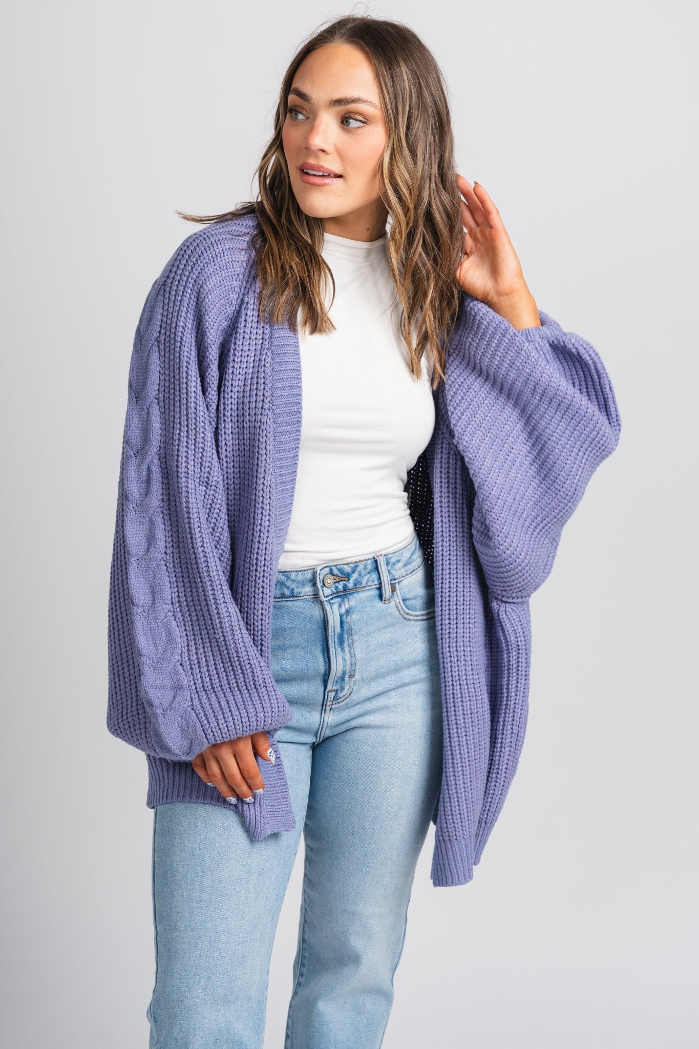 Cable knit cardigan periwinkle - Trendy Cardigan - Fun Easter Looks at Lush Fashion Lounge Boutique in Oklahoma