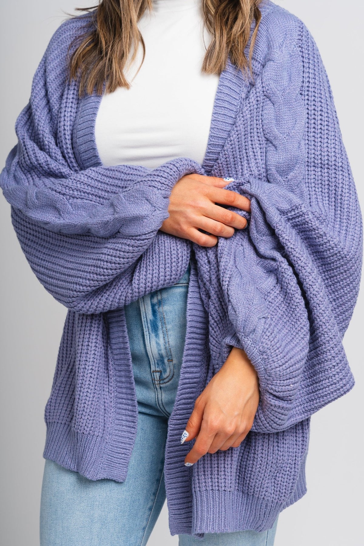 Cable knit cardigan periwinkle - Stylish Cardigan - Cute Easter Outfits at Lush Fashion Lounge Boutique in Oklahoma