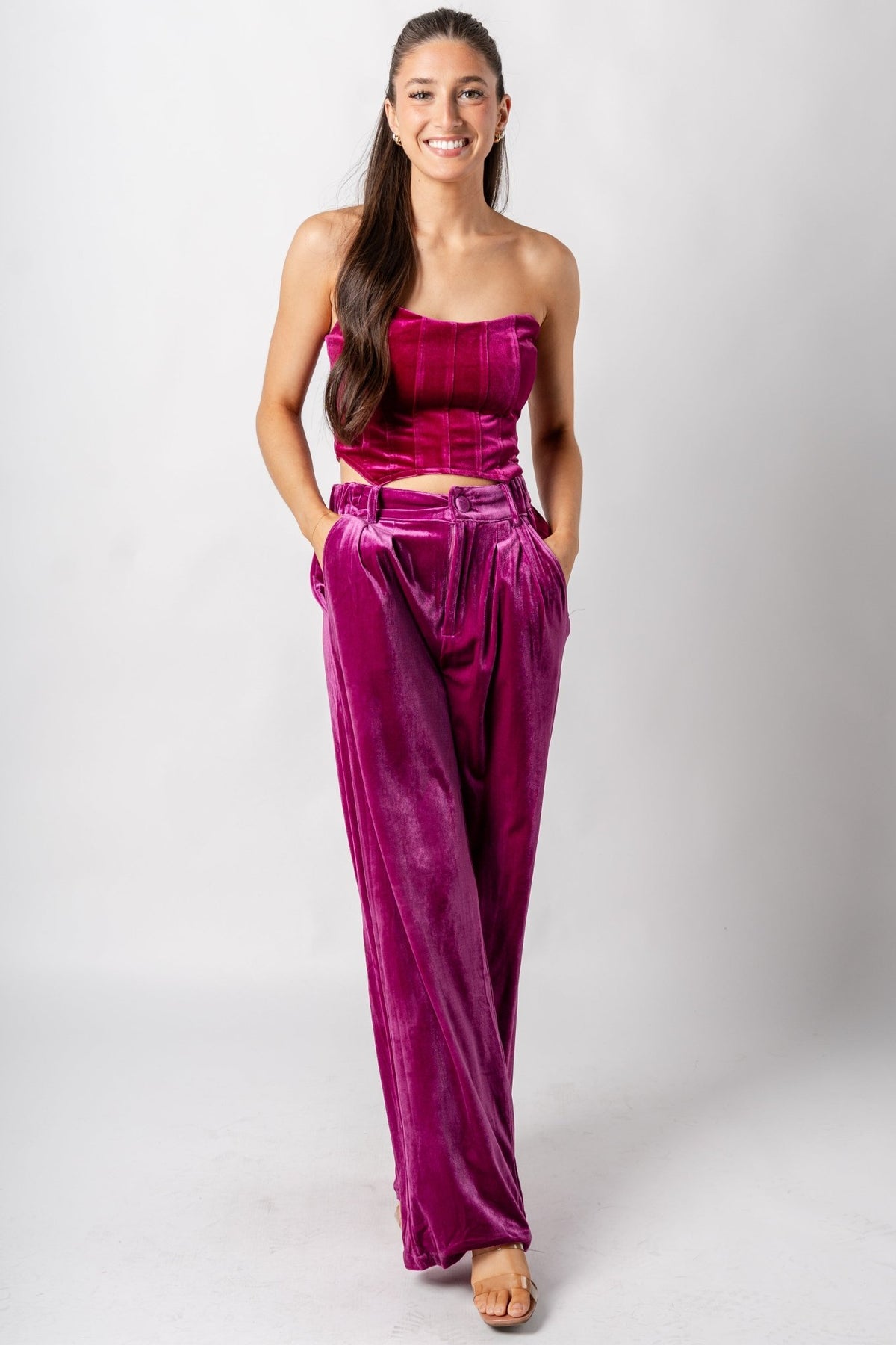 Velvet wide leg pants magenta - Trendy New Year's Eve Outfits at Lush Fashion Lounge Boutique in Oklahoma City