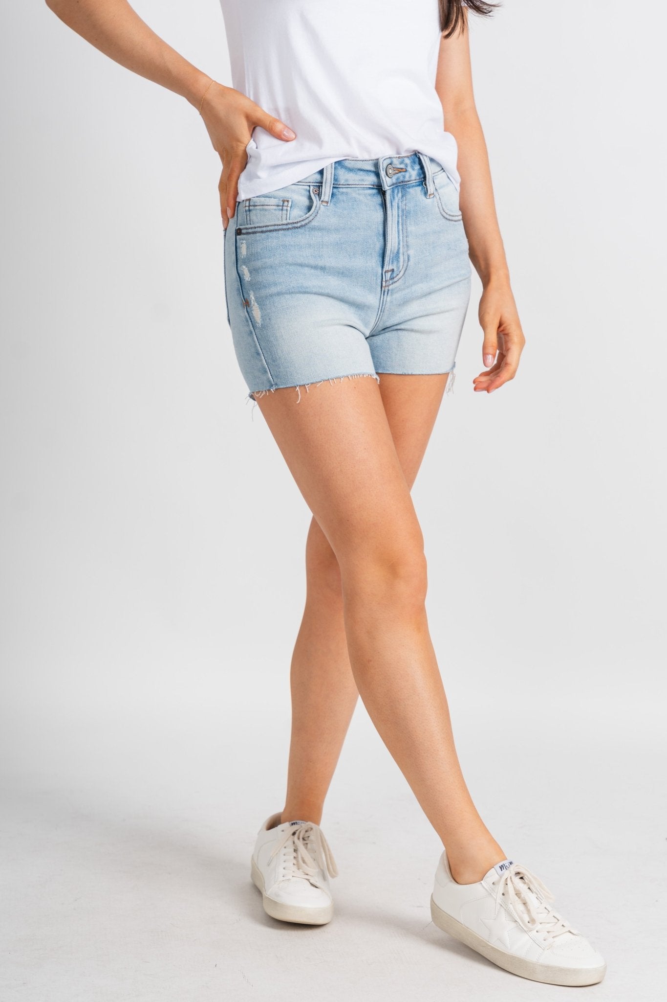 Hidden Kenzie mid right denim shorts medium light - Stylish Shorts - Trendy Staycation Outfits at Lush Fashion Lounge Boutique in Oklahoma City