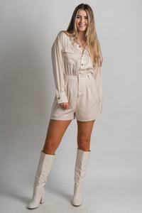 Pocket front blouse romper champagne Stylish Romper - Womens Fashion Rompers & Pantsuits at Lush Fashion Lounge Boutique in Oklahoma City