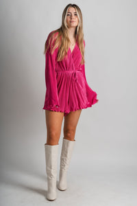 Pleated long sleeve romper fuchsia Stylish Romper - Womens Fashion Rompers & Pantsuits at Lush Fashion Lounge Boutique in Oklahoma City