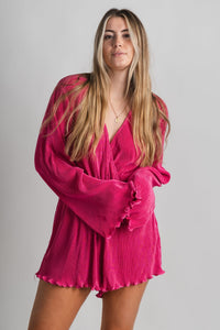 Pleated long sleeve romper fuchsia - Affordable Romper - Boutique Rompers & Pantsuits at Lush Fashion Lounge Boutique in Oklahoma City