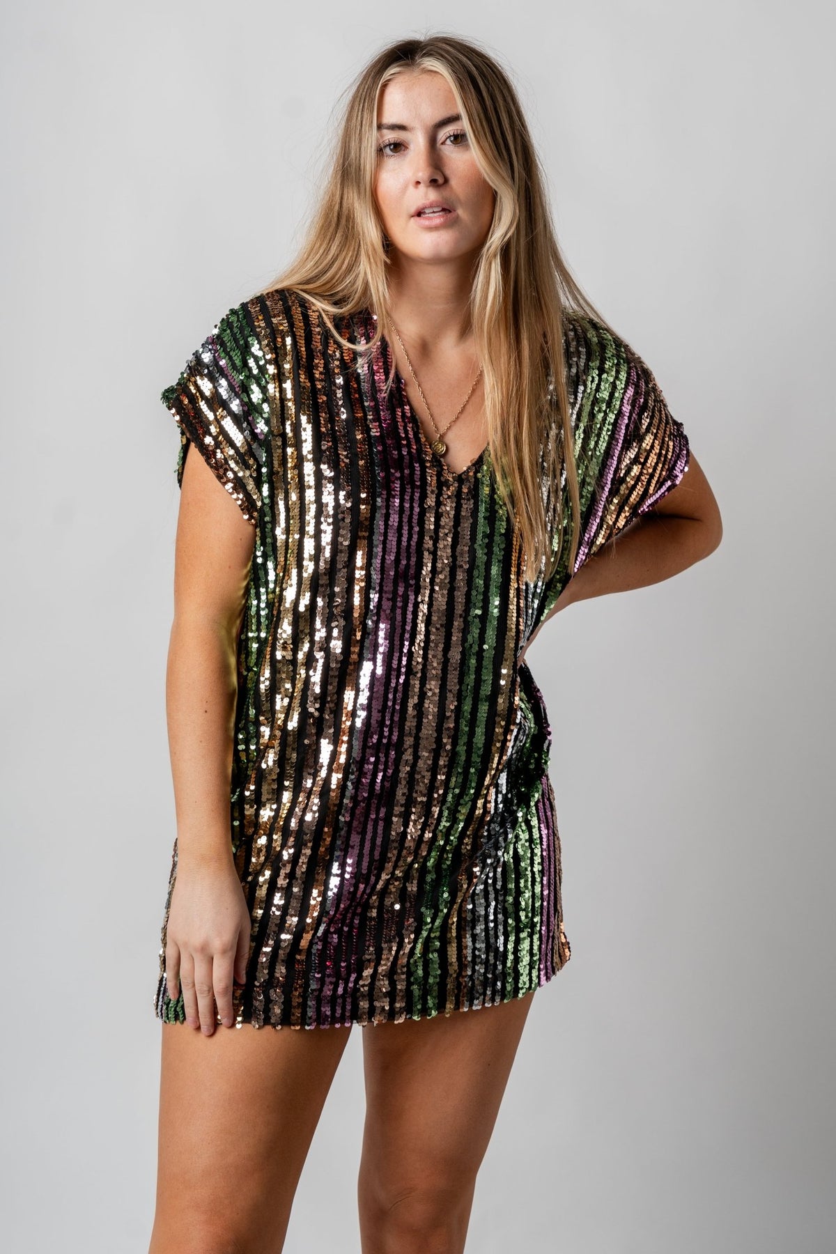 Sequin hyped in stripes dress black multi - Cute dress - Trendy Dresses at Lush Fashion Lounge Boutique in Oklahoma City