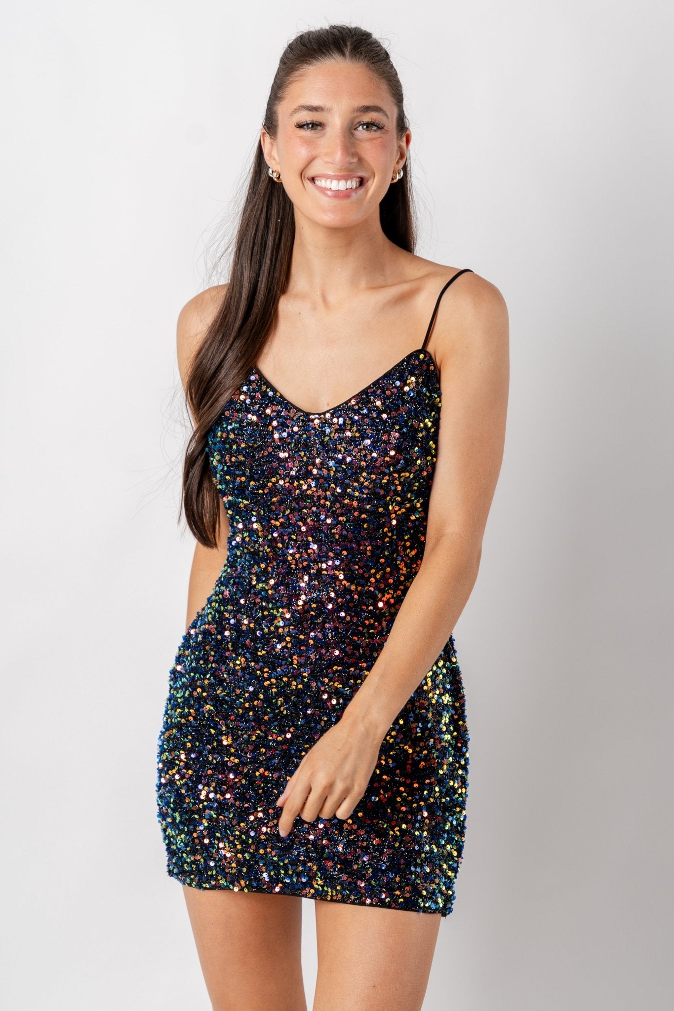Multi sequin mini dress black - Affordable New Year's Eve Party Outfits at Lush Fashion Lounge Boutique in Oklahoma City