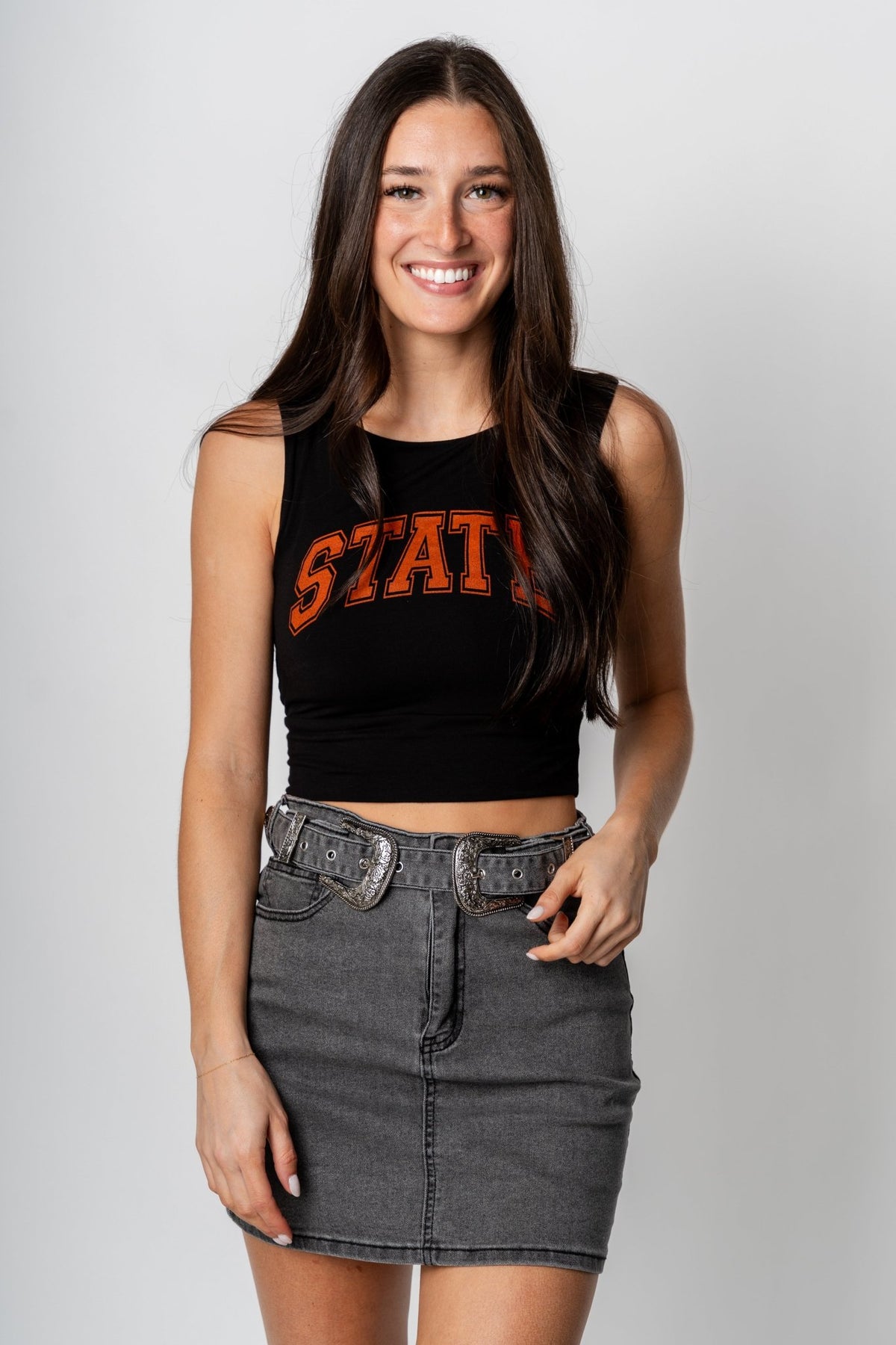 STATE varsity modal jersey crop tank top black - Cute Tank Top - Trendy Tank Tops at Lush Fashion Lounge Boutique in Oklahoma City