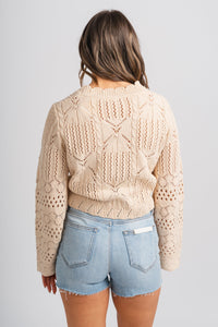 Crochet sweater cardigan taupe - Adorable Cardigan - Stylish Vacation T-Shirts at Lush Fashion Lounge Boutique in Oklahoma City