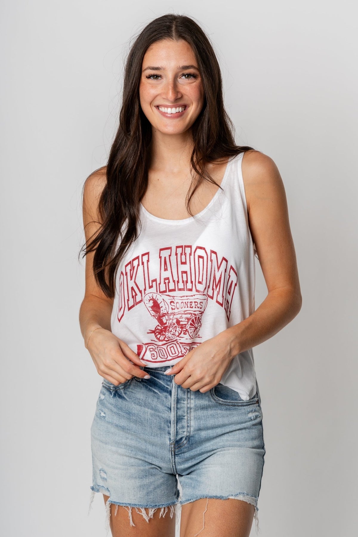 OU OU arch schooner crop tank top white Tank Top | Lush Fashion Lounge Trendy Oklahoma University Sooners Apparel & Cute Gameday T-Shirts